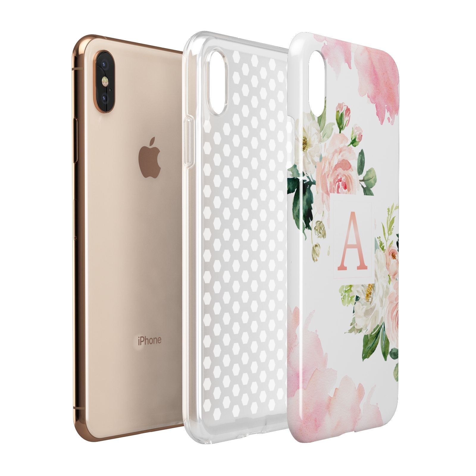 Pink Monogram Floral Roses Personalised Apple iPhone Xs Max 3D Tough Case Expanded View