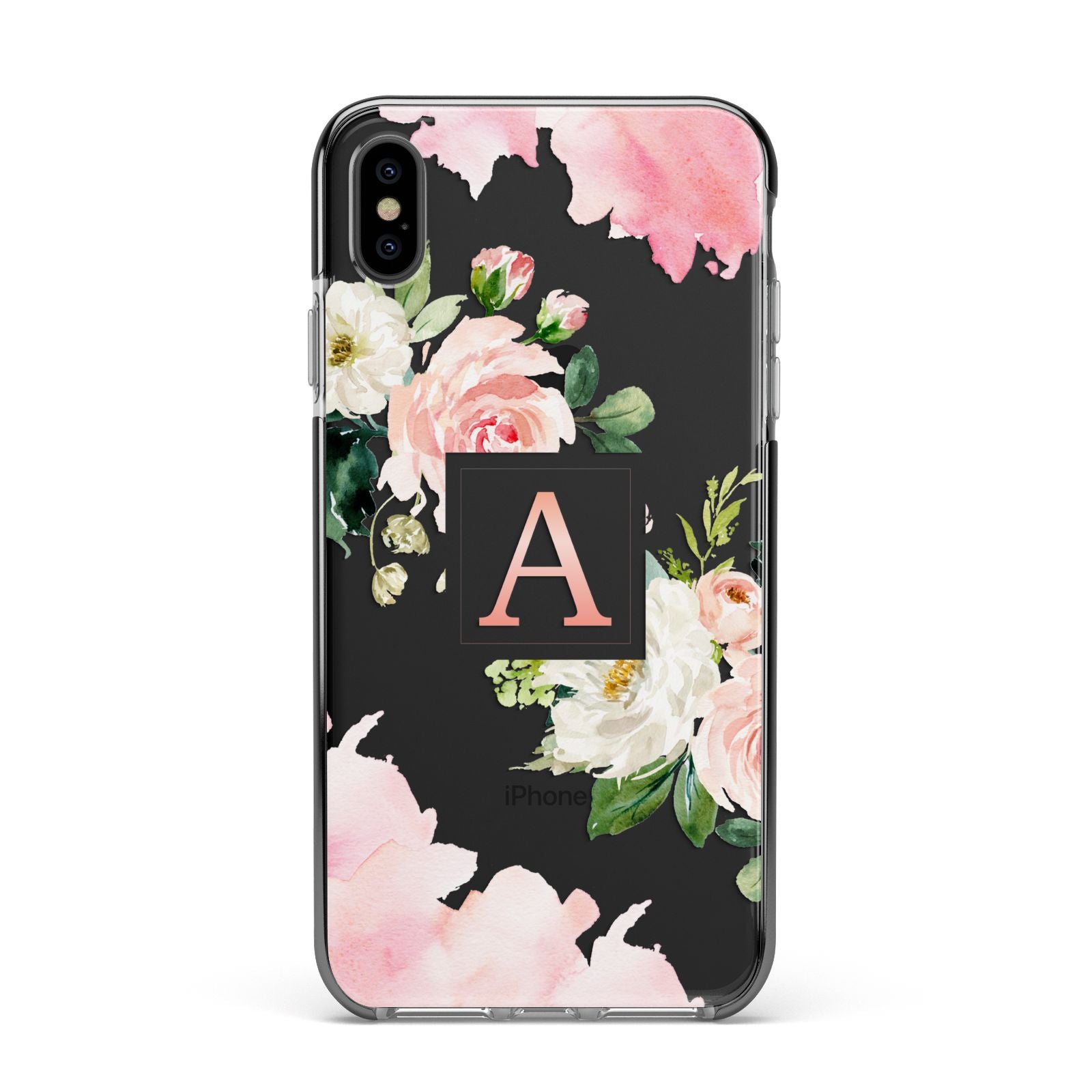 Pink Monogram Floral Roses Personalised Apple iPhone Xs Max Impact Case Black Edge on Black Phone