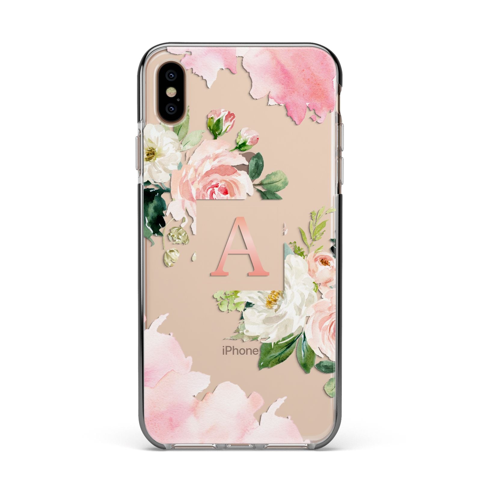 Pink Monogram Floral Roses Personalised Apple iPhone Xs Max Impact Case Black Edge on Gold Phone