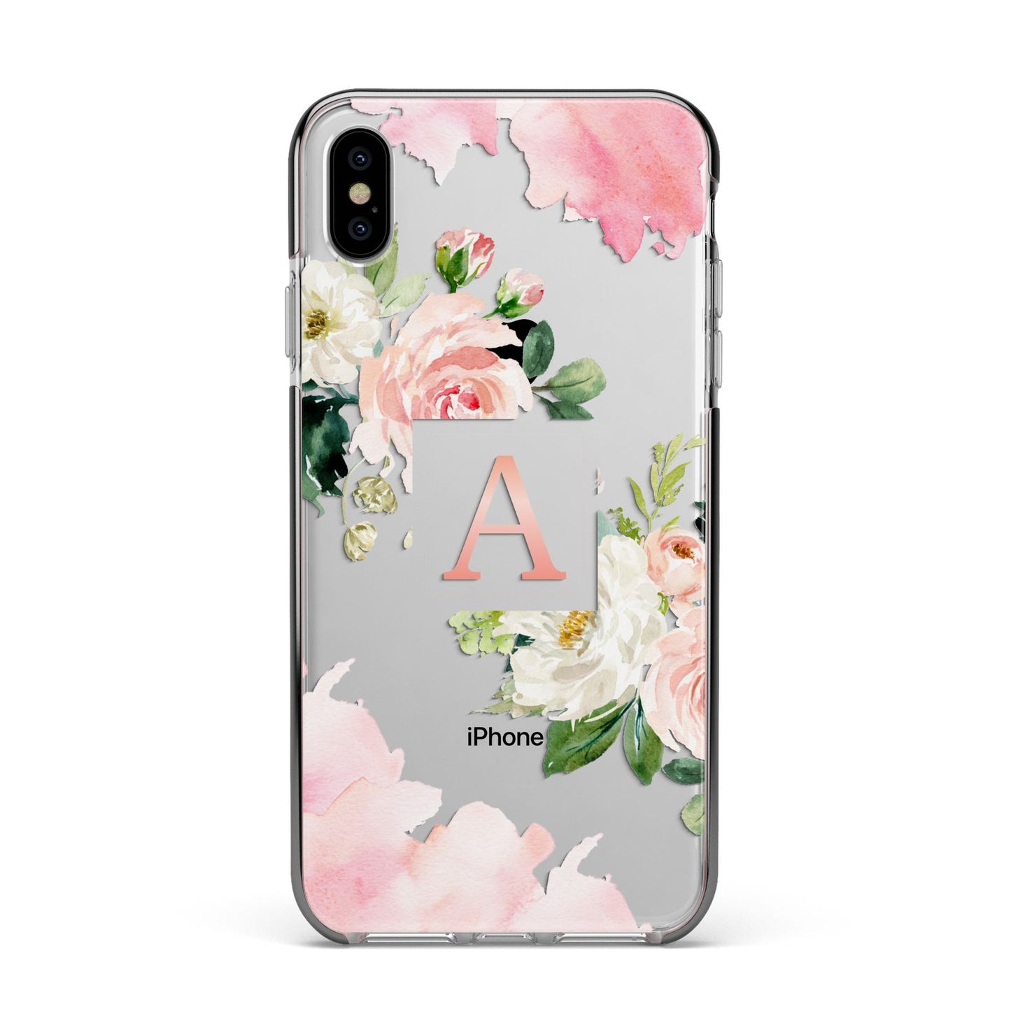 Pink Monogram Floral Roses Personalised Apple iPhone Xs Max Impact Case Black Edge on Silver Phone