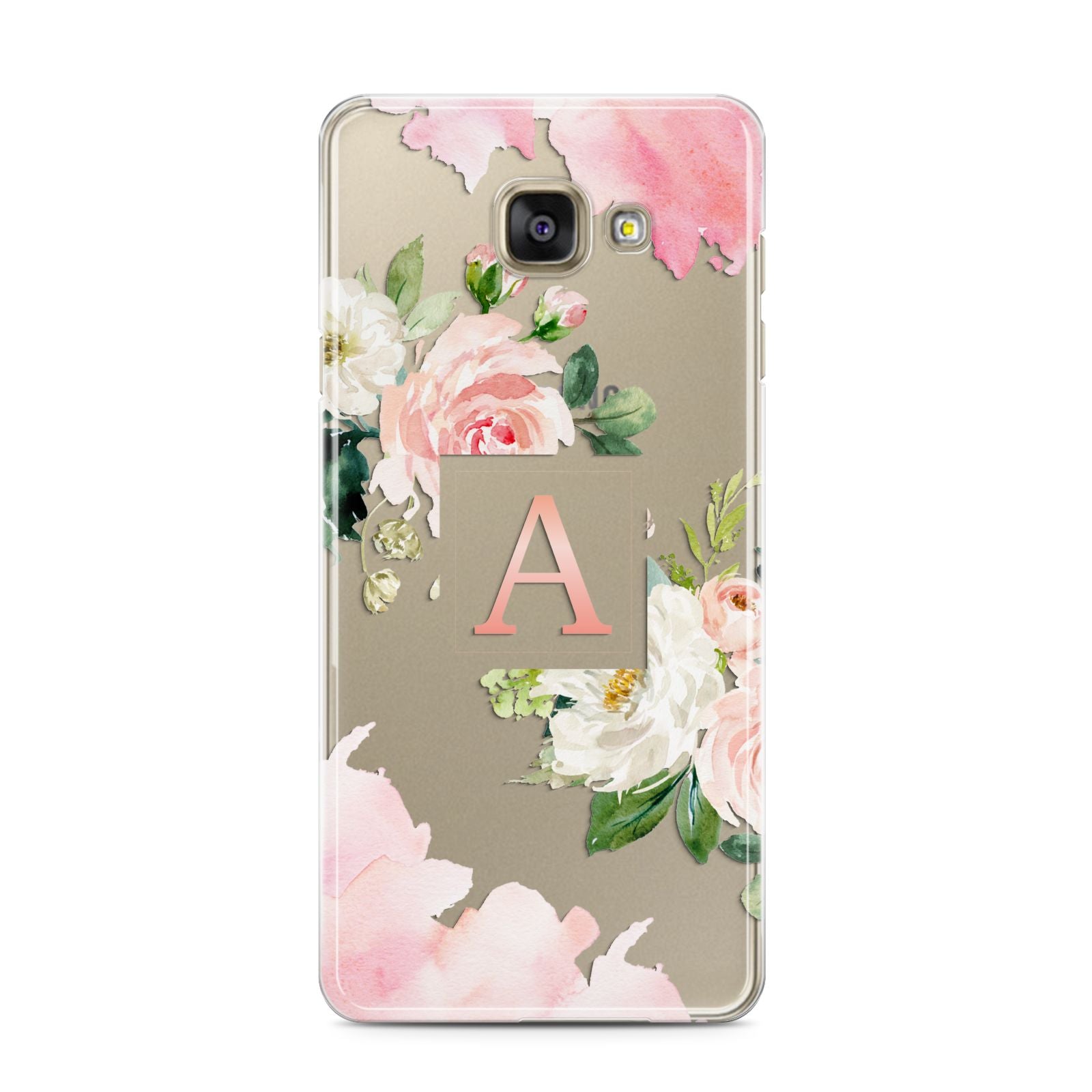 Pink Monogram Floral Roses Personalised Samsung Galaxy A3 2016 Case on gold phone