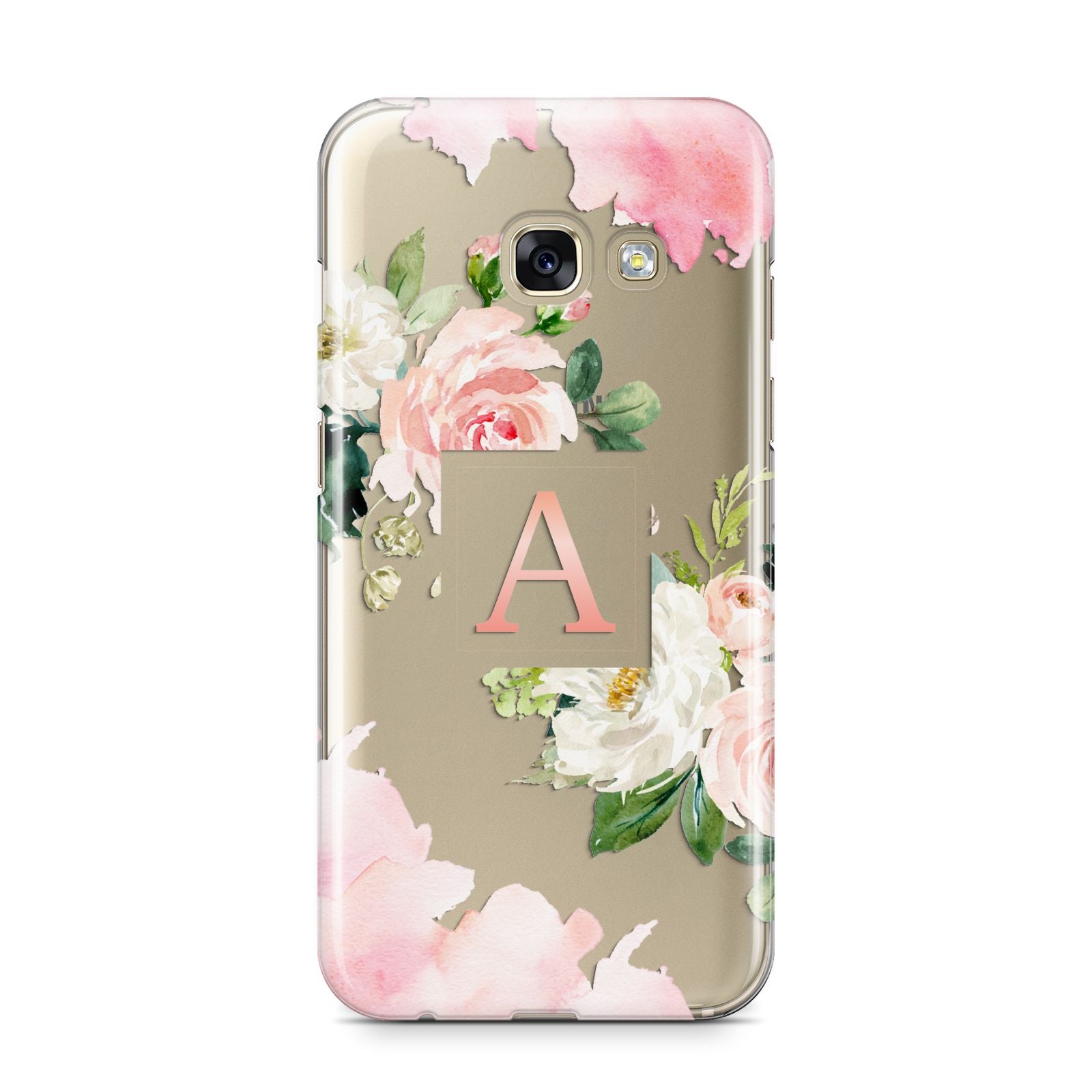 Pink Monogram Floral Roses Personalised Samsung Galaxy A3 2017 Case on gold phone