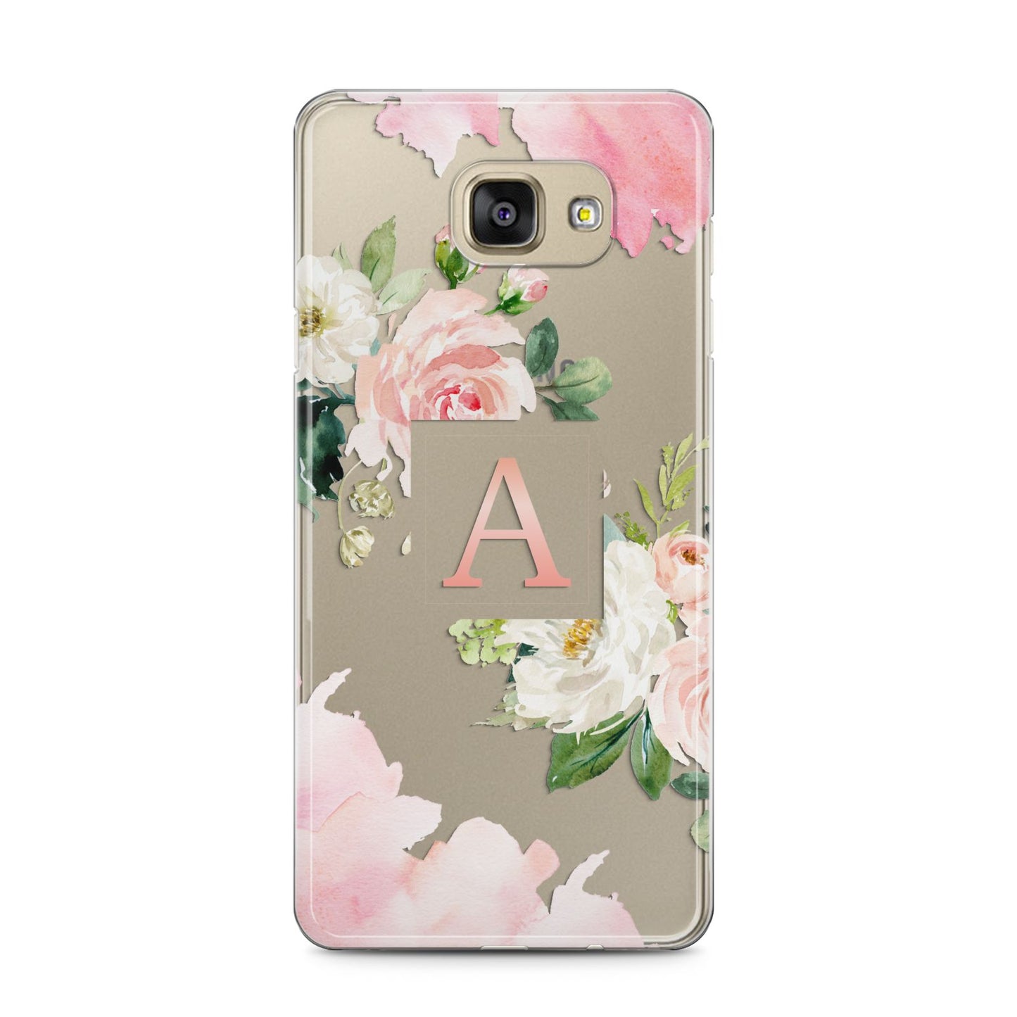Pink Monogram Floral Roses Personalised Samsung Galaxy A5 2016 Case on gold phone
