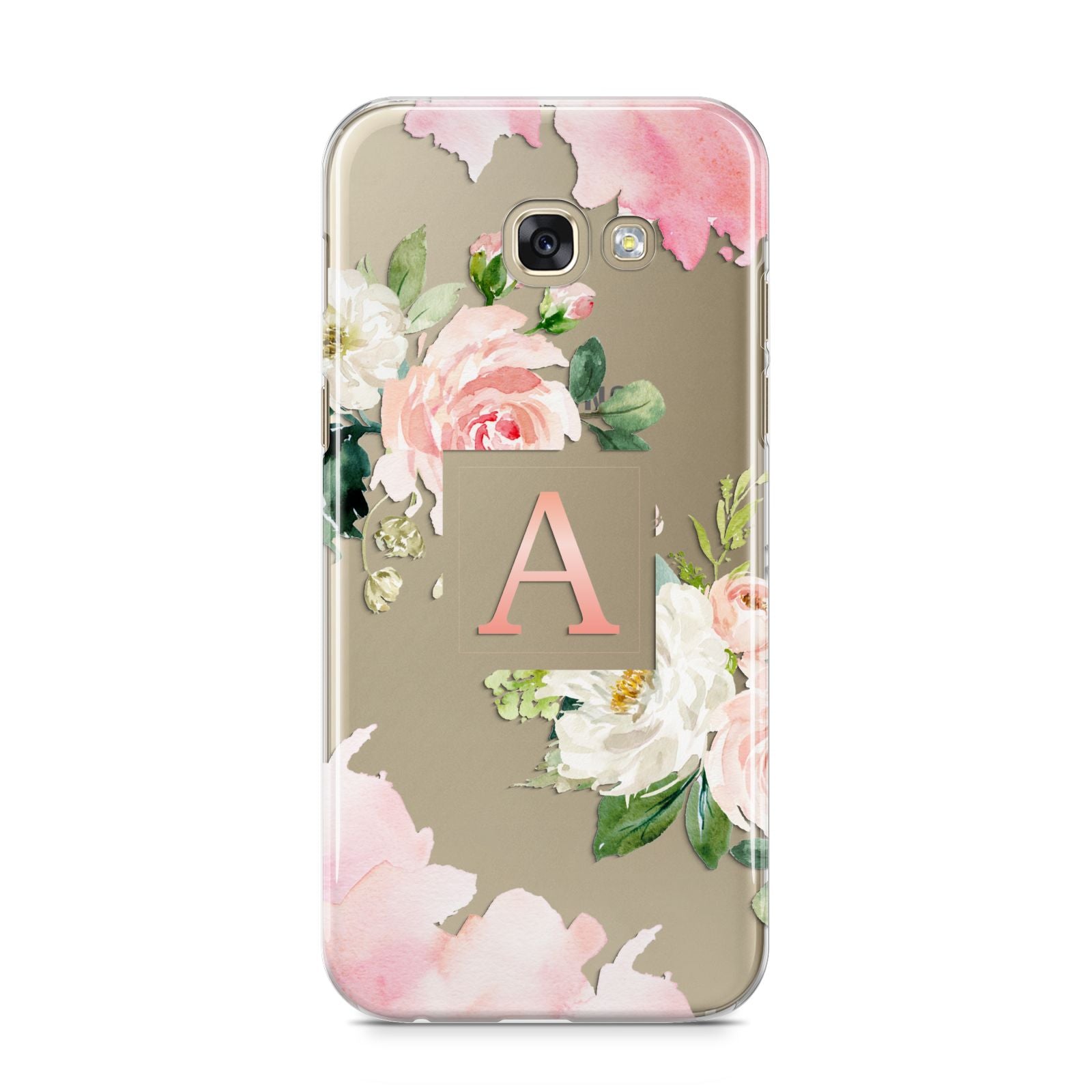 Pink Monogram Floral Roses Personalised Samsung Galaxy A5 2017 Case on gold phone