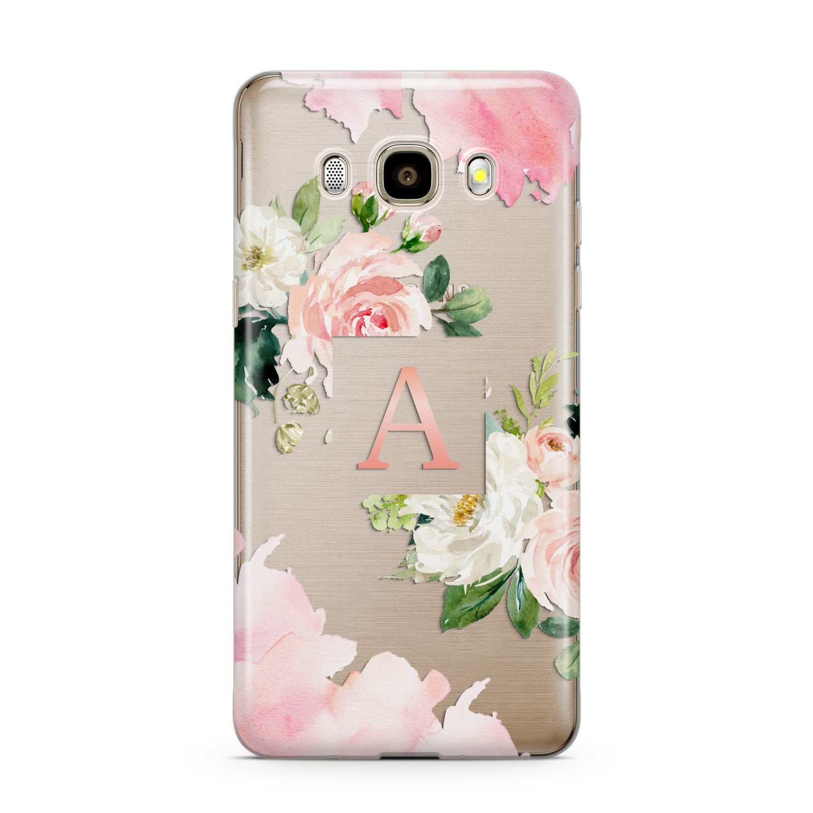 Pink Monogram Floral Roses Personalised Samsung Galaxy J7 2016 Case on gold phone