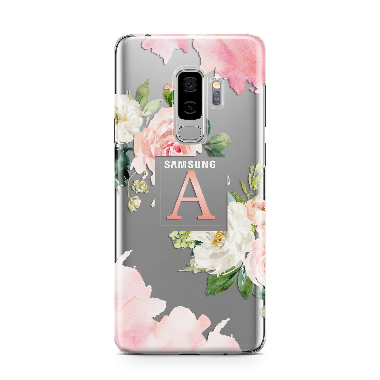 Pink Monogram Floral Roses Personalised Samsung Galaxy S9 Plus Case on Silver phone