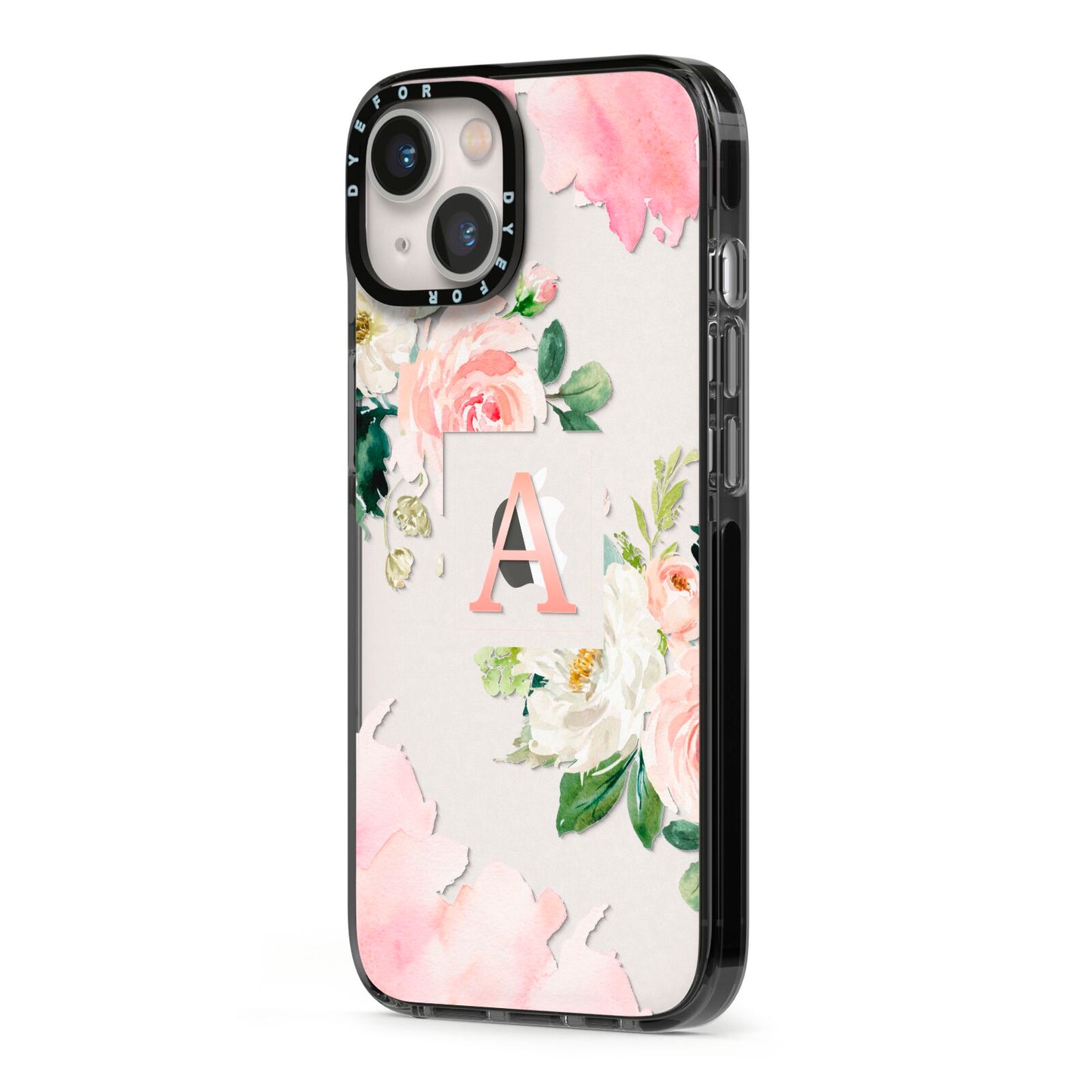 Pink Monogram Floral Roses Personalised iPhone 13 Black Impact Case Side Angle on Silver phone