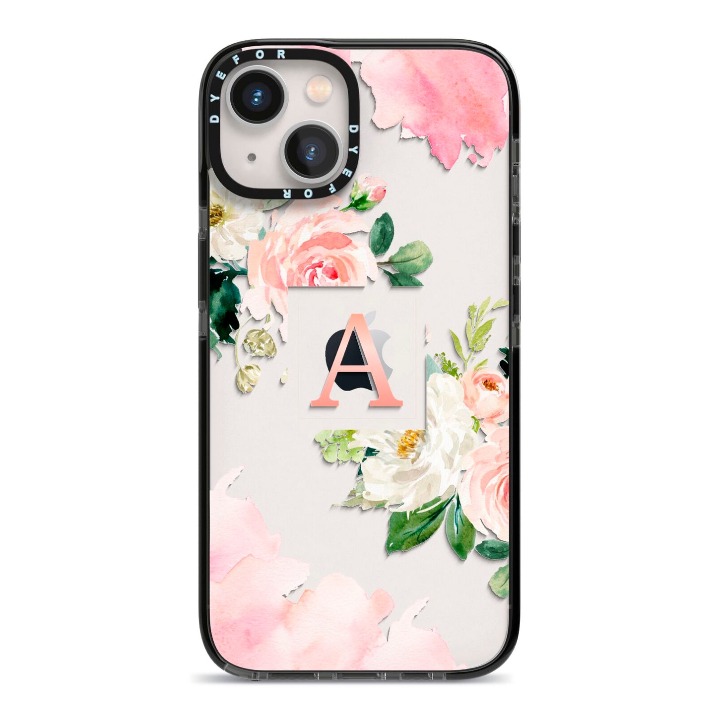 Pink Monogram Floral Roses Personalised iPhone 13 Black Impact Case on Silver phone