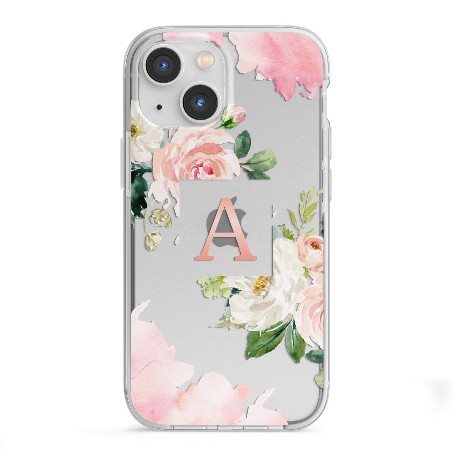 Pink Monogram Floral Roses Personalised iPhone 13 Mini TPU Impact Case with White Edges
