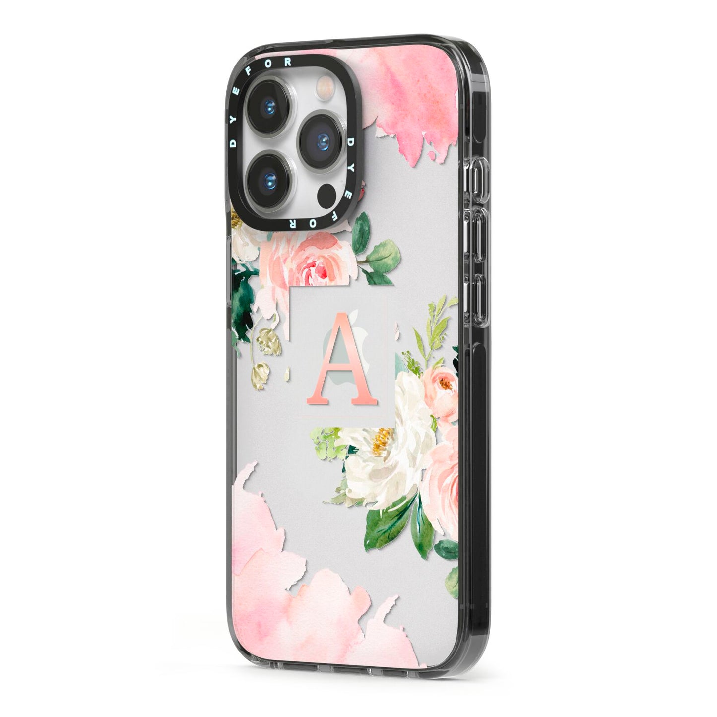 Pink Monogram Floral Roses Personalised iPhone 13 Pro Black Impact Case Side Angle on Silver phone