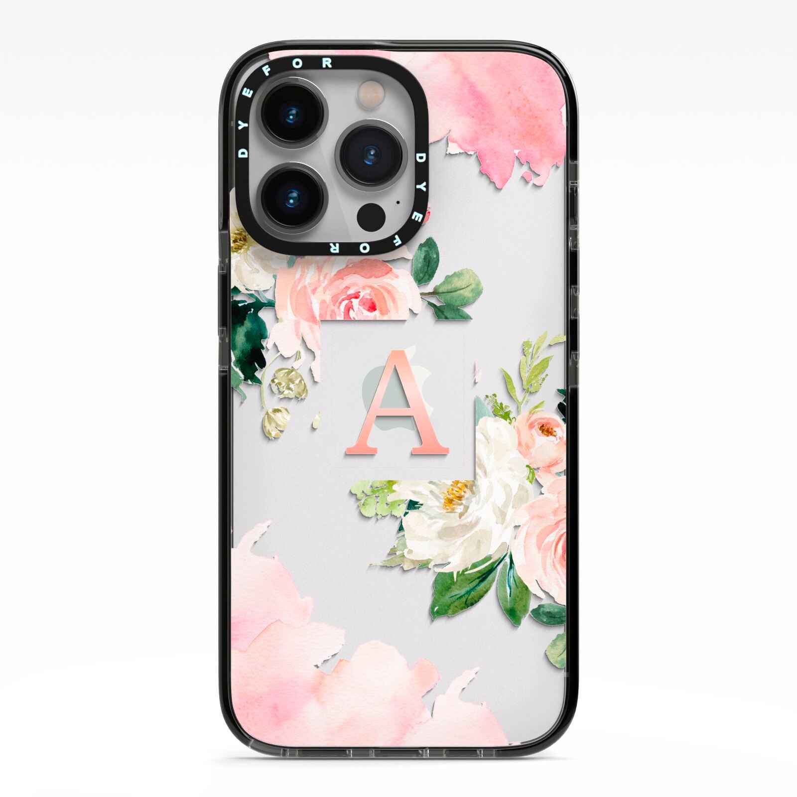 Pink Monogram Floral Roses Personalised iPhone 13 Pro Black Impact Case on Silver phone