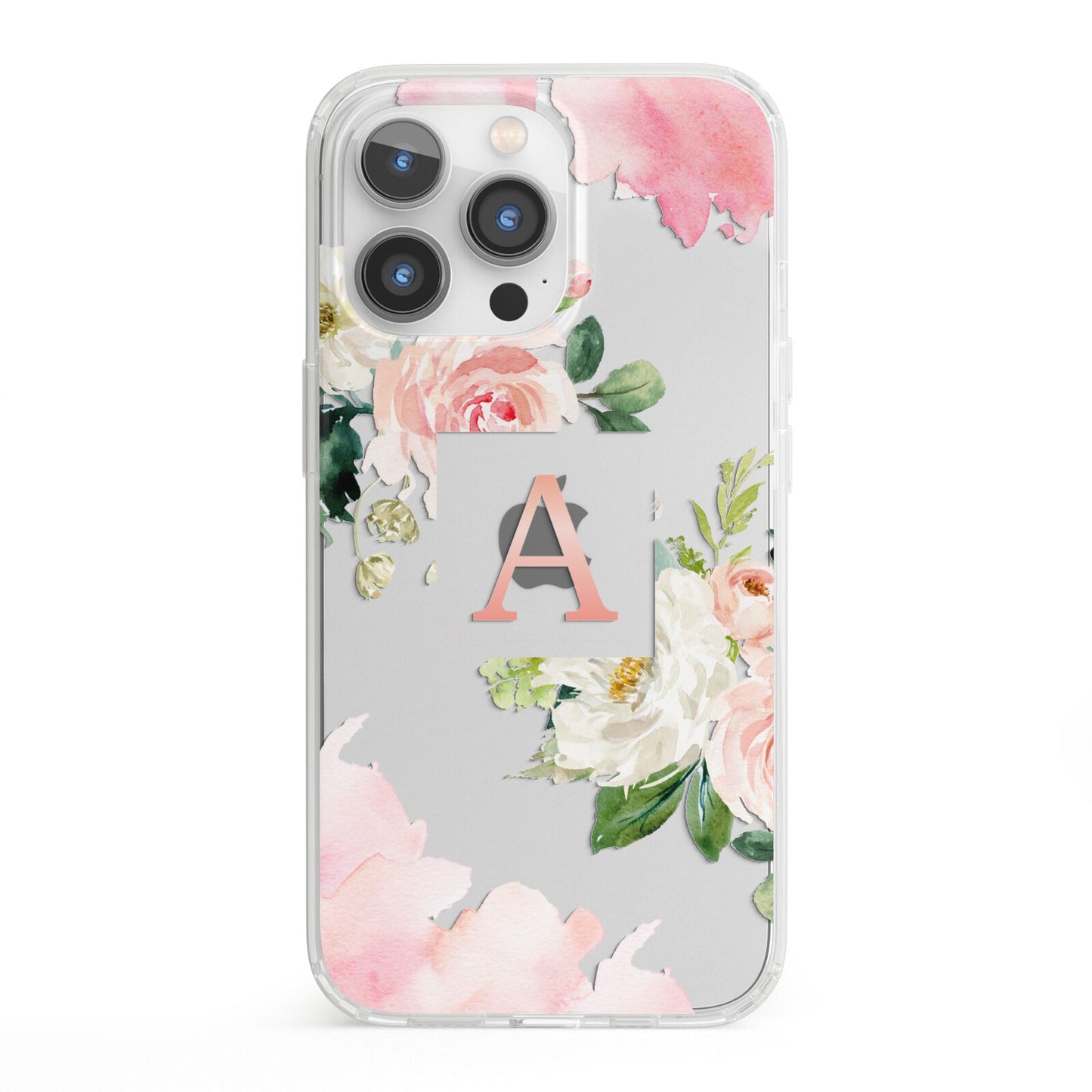 Pink Monogram Floral Roses Personalised iPhone 13 Pro Clear Bumper Case