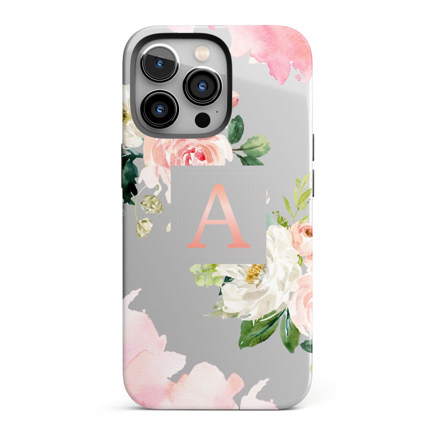 Pink Monogram Floral Roses Personalised iPhone 13 Pro Full Wrap 3D Tough Case