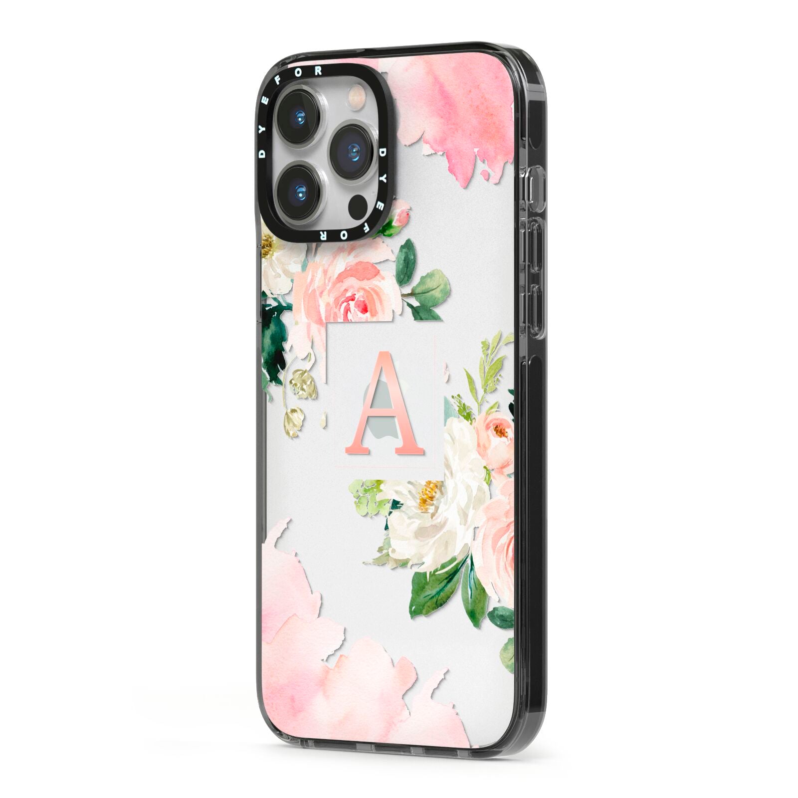 Pink Monogram Floral Roses Personalised iPhone 13 Pro Max Black Impact Case Side Angle on Silver phone
