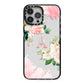 Pink Monogram Floral Roses Personalised iPhone 13 Pro Max Black Impact Case on Silver phone