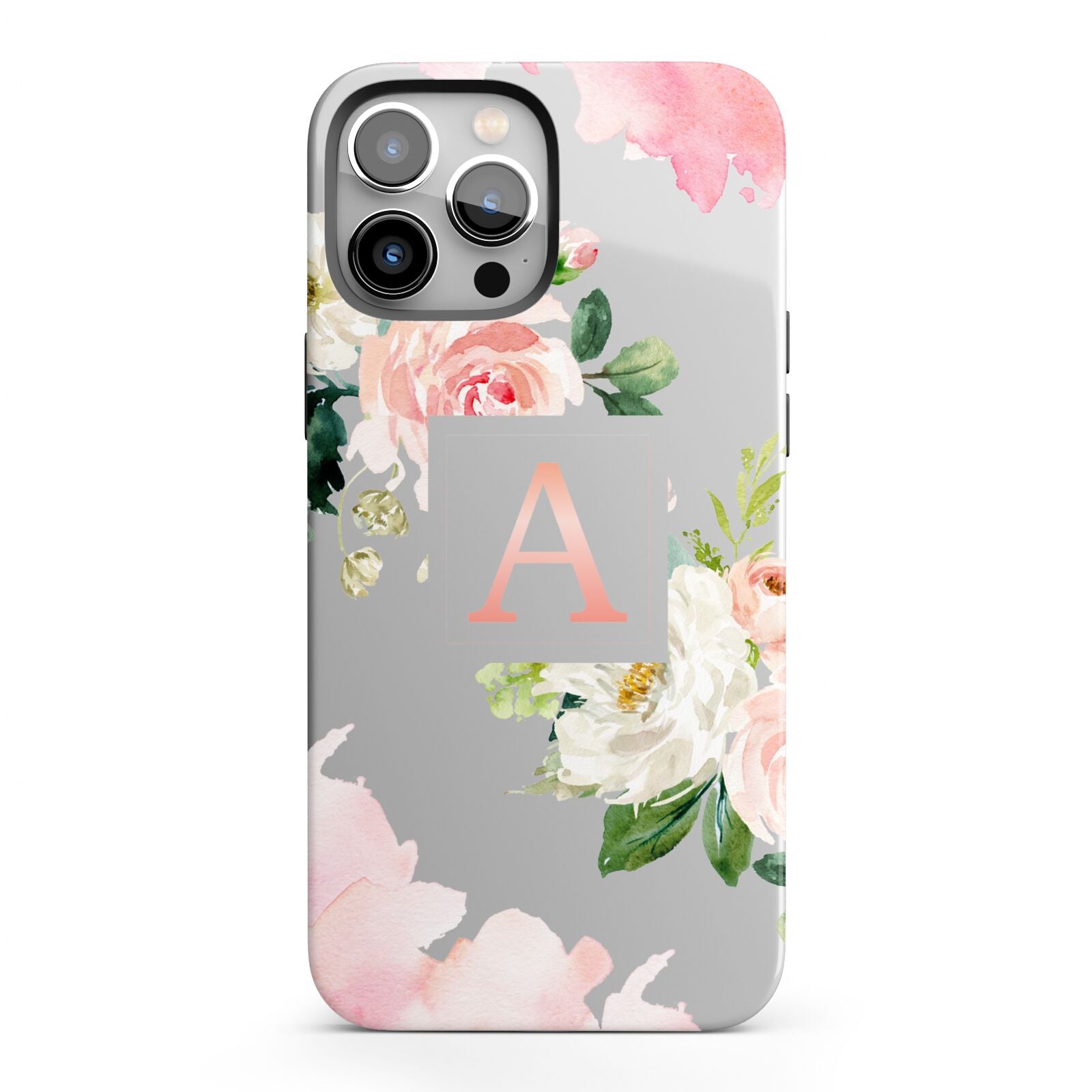 Pink Monogram Floral Roses Personalised iPhone 13 Pro Max Full Wrap 3D Tough Case
