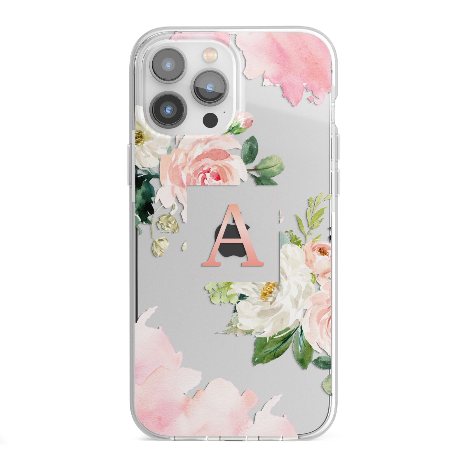 Pink Monogram Floral Roses Personalised iPhone 13 Pro Max TPU Impact Case with White Edges