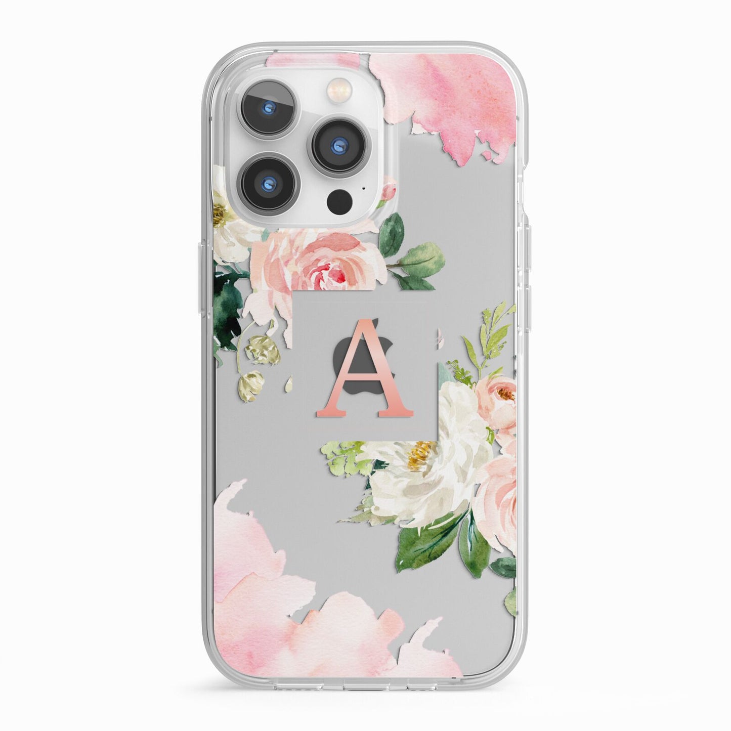 Pink Monogram Floral Roses Personalised iPhone 13 Pro TPU Impact Case with White Edges