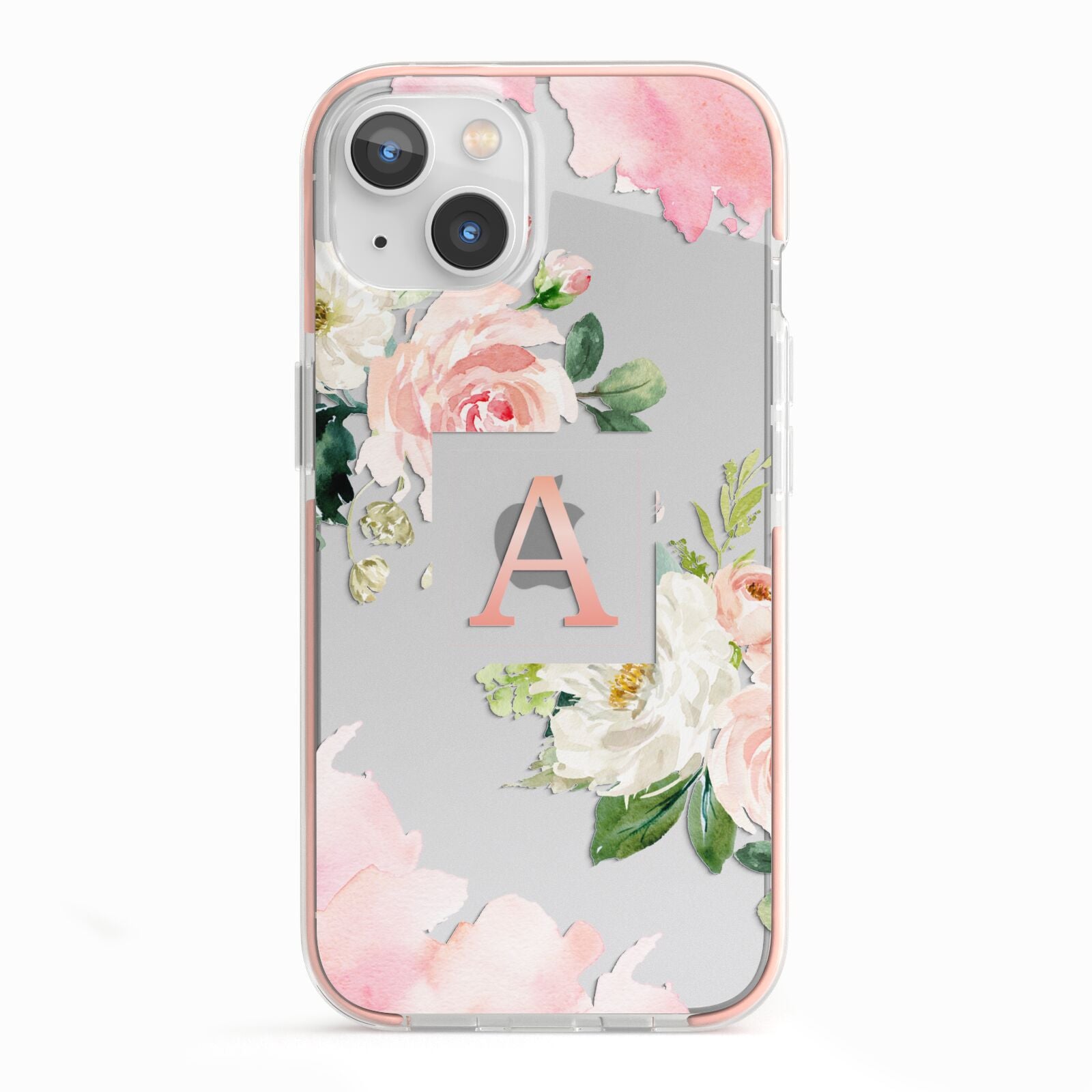 Pink Monogram Floral Roses Personalised iPhone 13 TPU Impact Case with Pink Edges