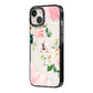 Pink Monogram Floral Roses Personalised iPhone 14 Black Impact Case Side Angle on Silver phone