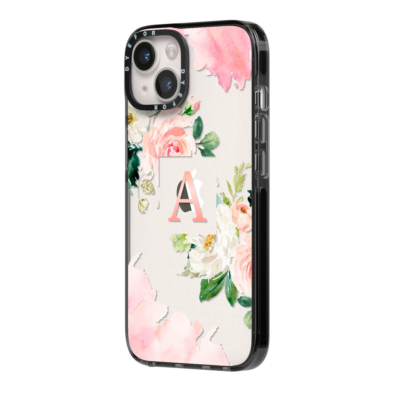 Pink Monogram Floral Roses Personalised iPhone 14 Black Impact Case Side Angle on Silver phone
