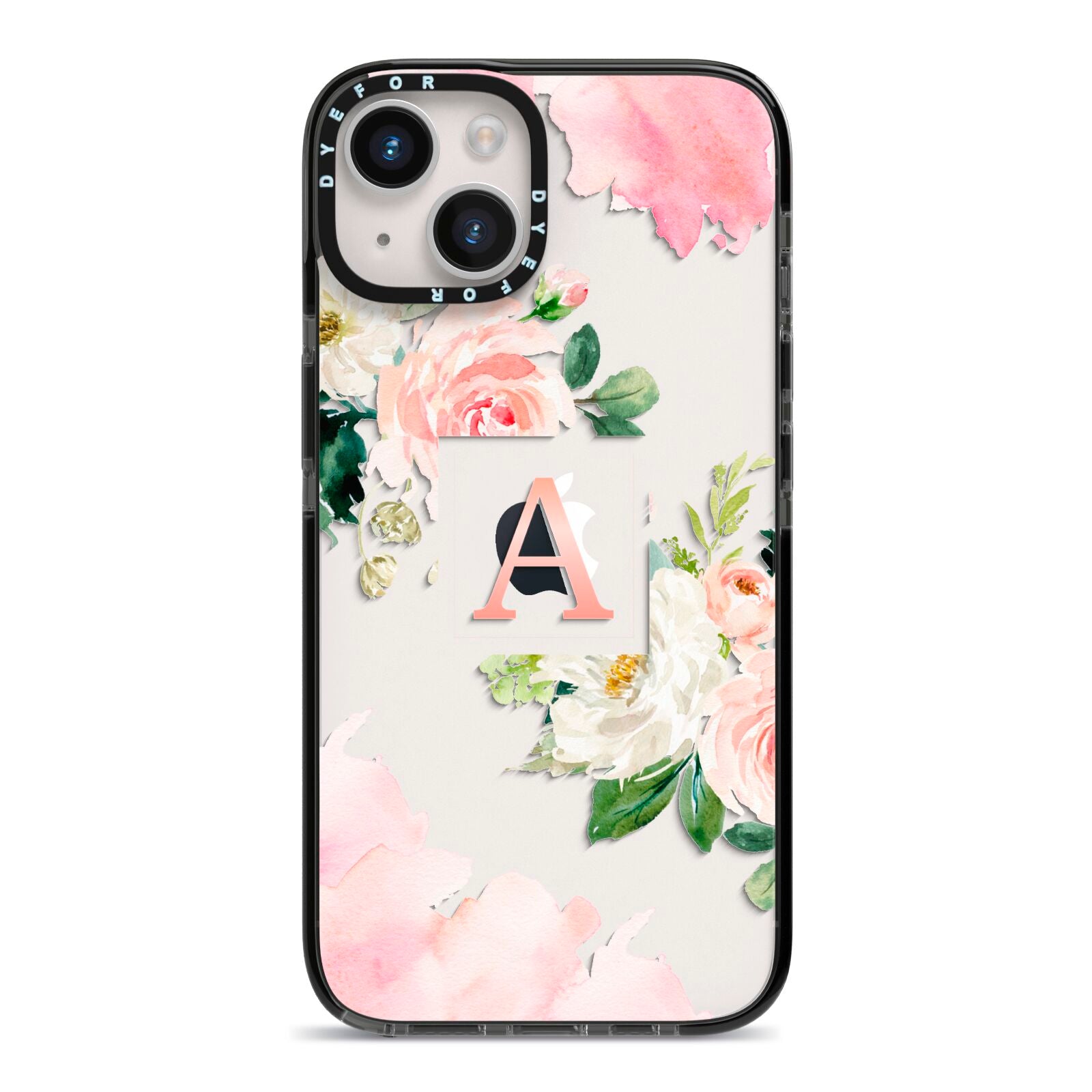 Pink Monogram Floral Roses Personalised iPhone 14 Black Impact Case on Silver phone