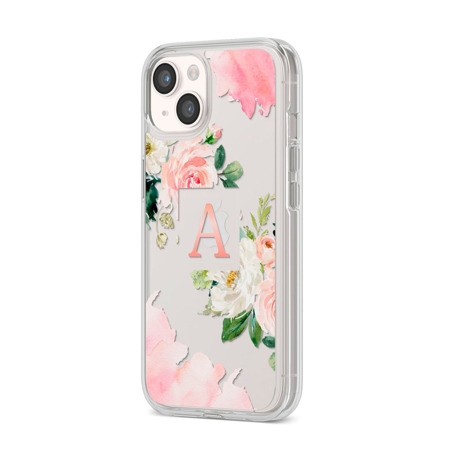 Pink Monogram Floral Roses Personalised iPhone 14 Clear Tough Case Starlight Angled Image