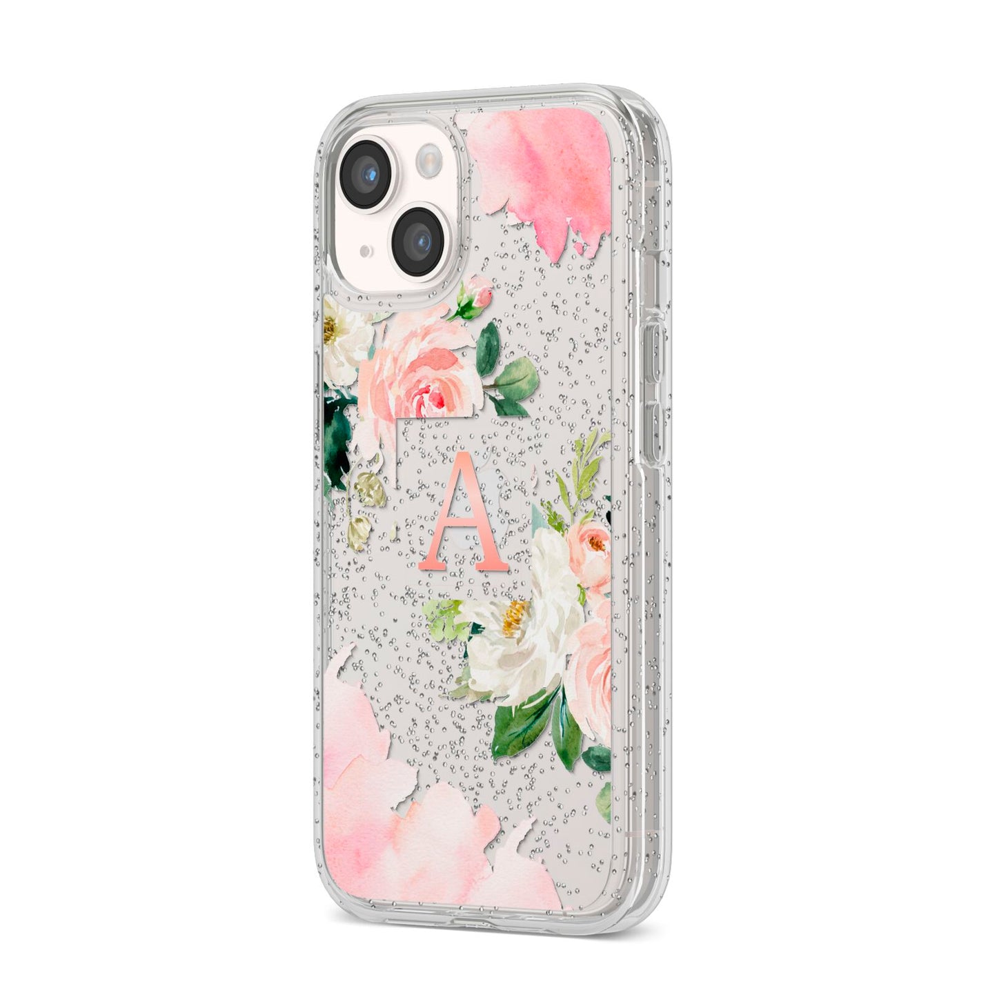 Pink Monogram Floral Roses Personalised iPhone 14 Glitter Tough Case Starlight Angled Image