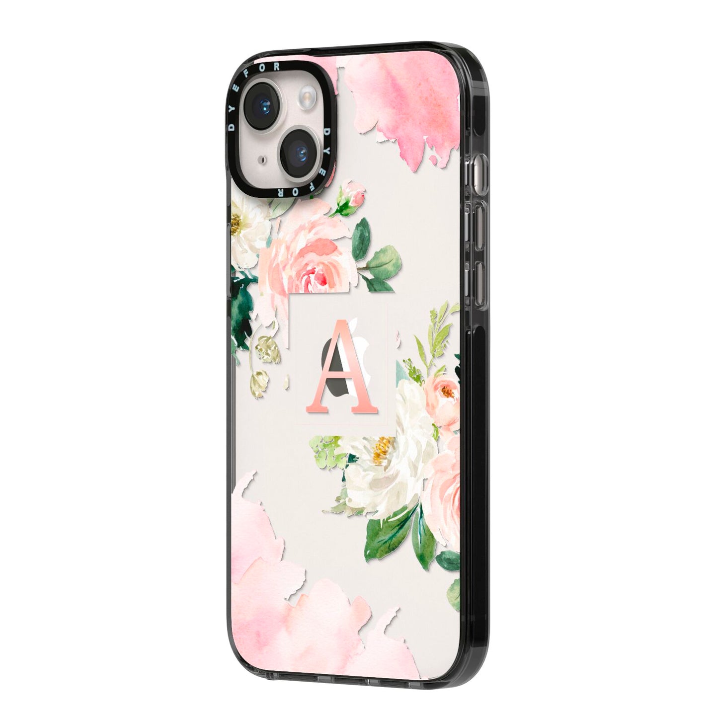 Pink Monogram Floral Roses Personalised iPhone 14 Plus Black Impact Case Side Angle on Silver phone