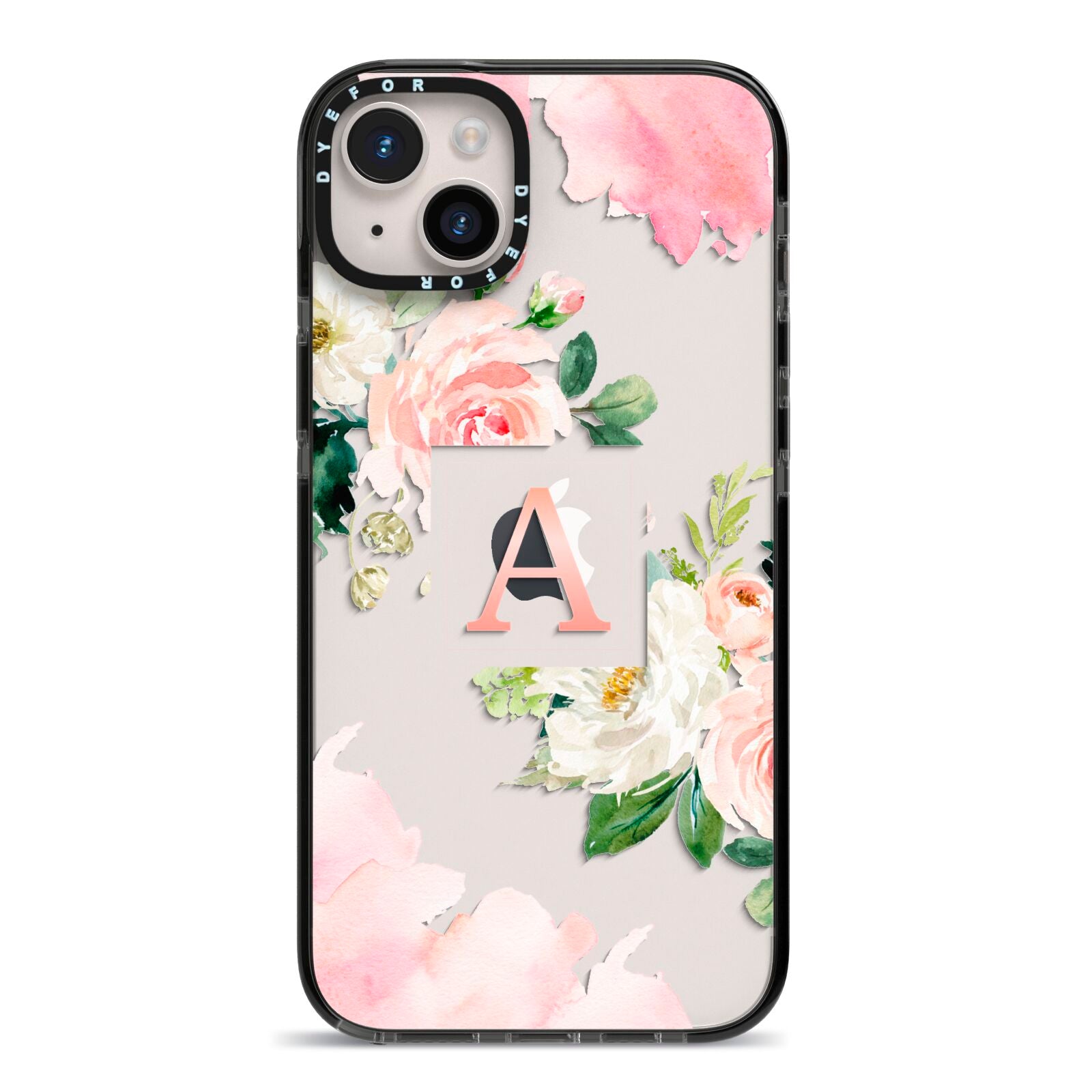 Pink Monogram Floral Roses Personalised iPhone 14 Plus Black Impact Case on Silver phone