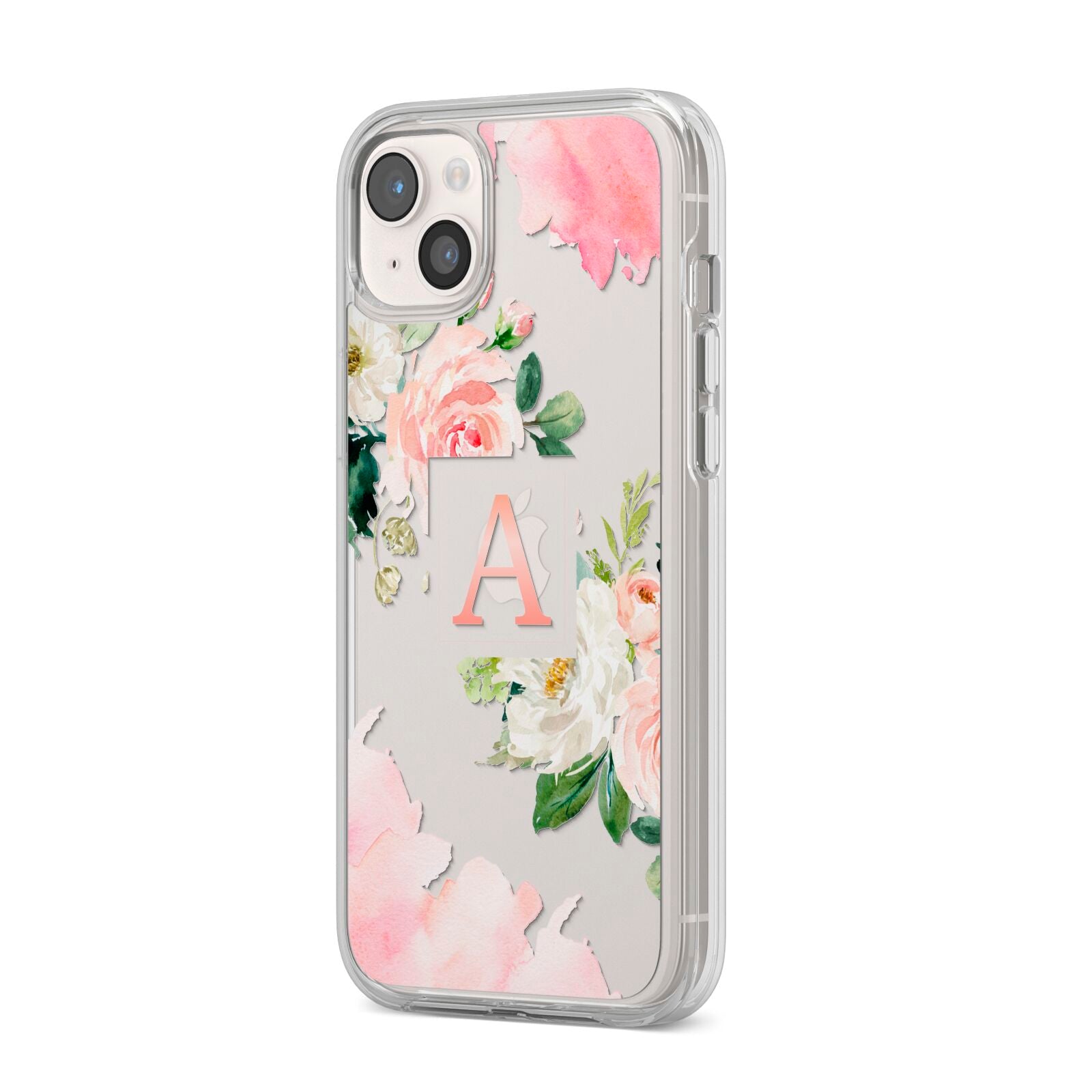 Pink Monogram Floral Roses Personalised iPhone 14 Plus Clear Tough Case Starlight Angled Image