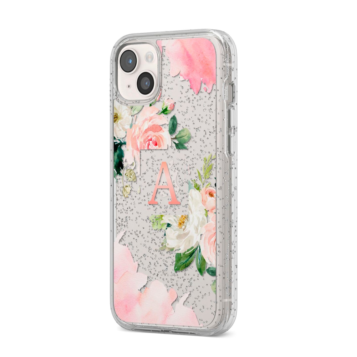 Pink Monogram Floral Roses Personalised iPhone 14 Plus Glitter Tough Case Starlight Angled Image