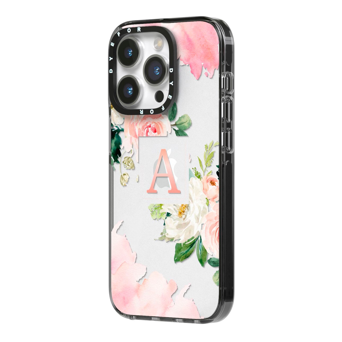 Pink Monogram Floral Roses Personalised iPhone 14 Pro Black Impact Case Side Angle on Silver phone