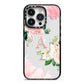 Pink Monogram Floral Roses Personalised iPhone 14 Pro Black Impact Case on Silver phone