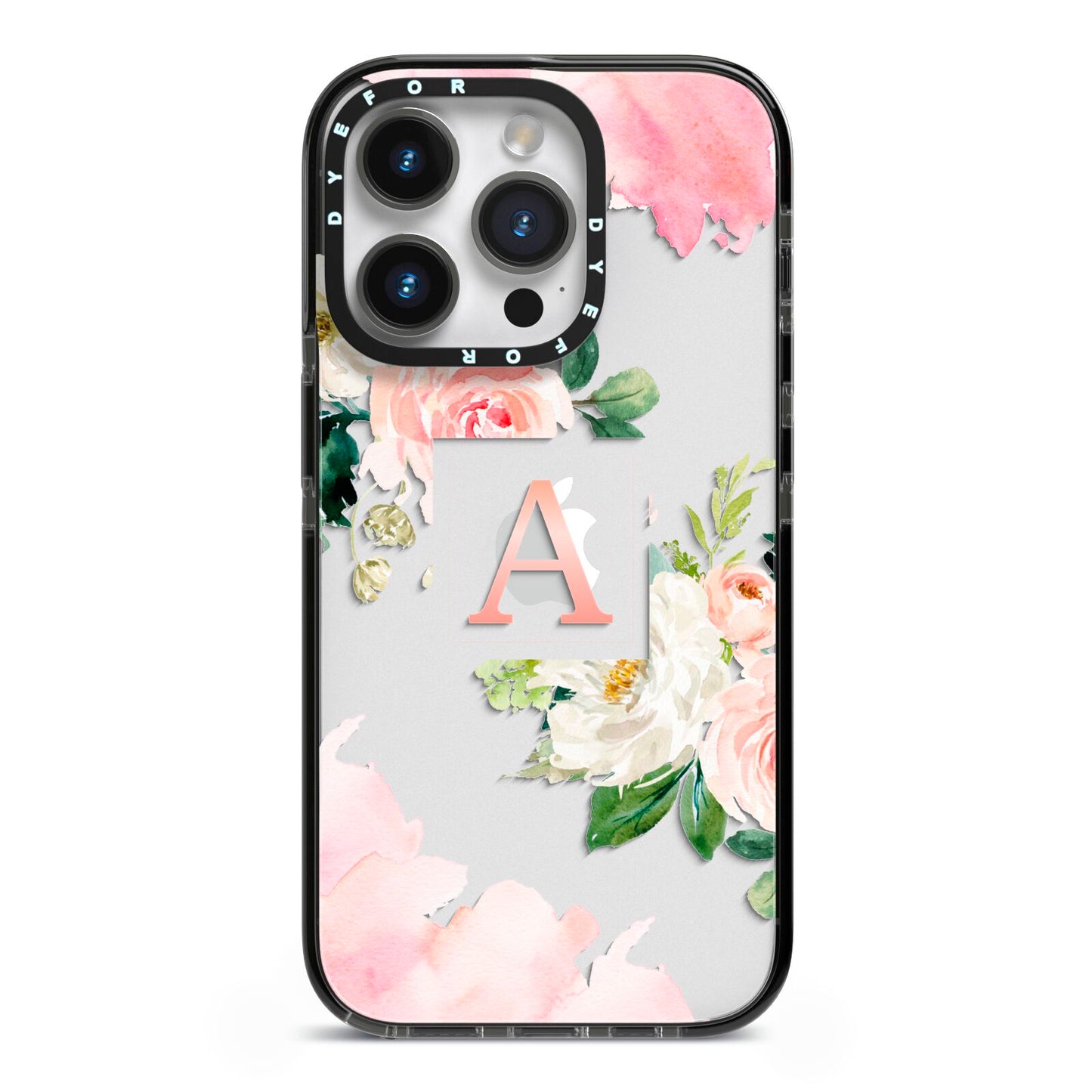 Pink Monogram Floral Roses Personalised iPhone 14 Pro Black Impact Case on Silver phone
