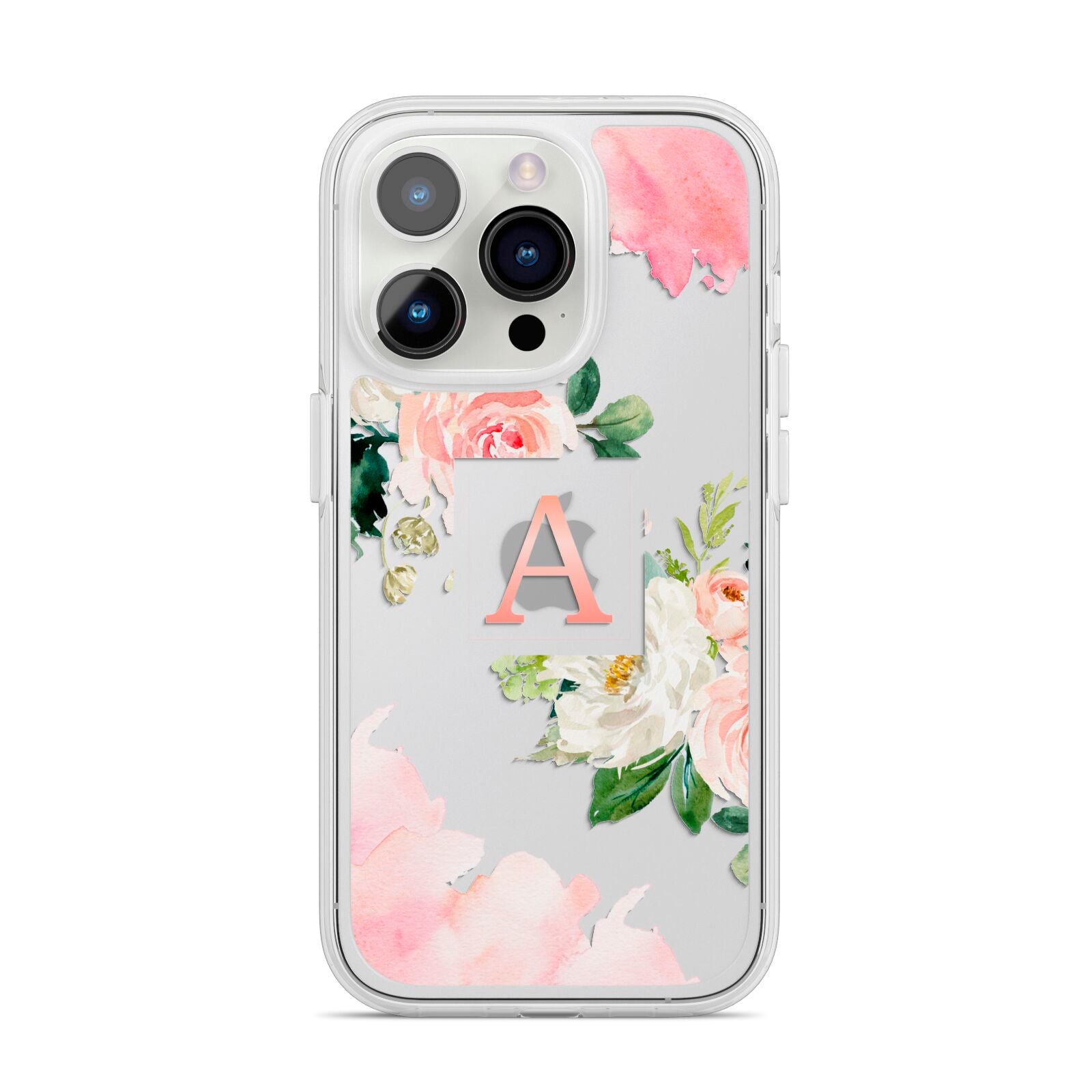 Pink Monogram Floral Roses Personalised iPhone 14 Pro Clear Tough Case Silver