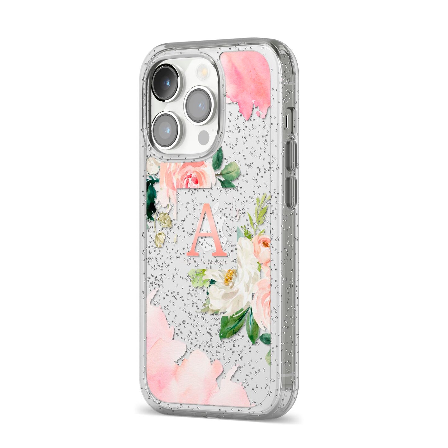 Pink Monogram Floral Roses Personalised iPhone 14 Pro Glitter Tough Case Silver Angled Image