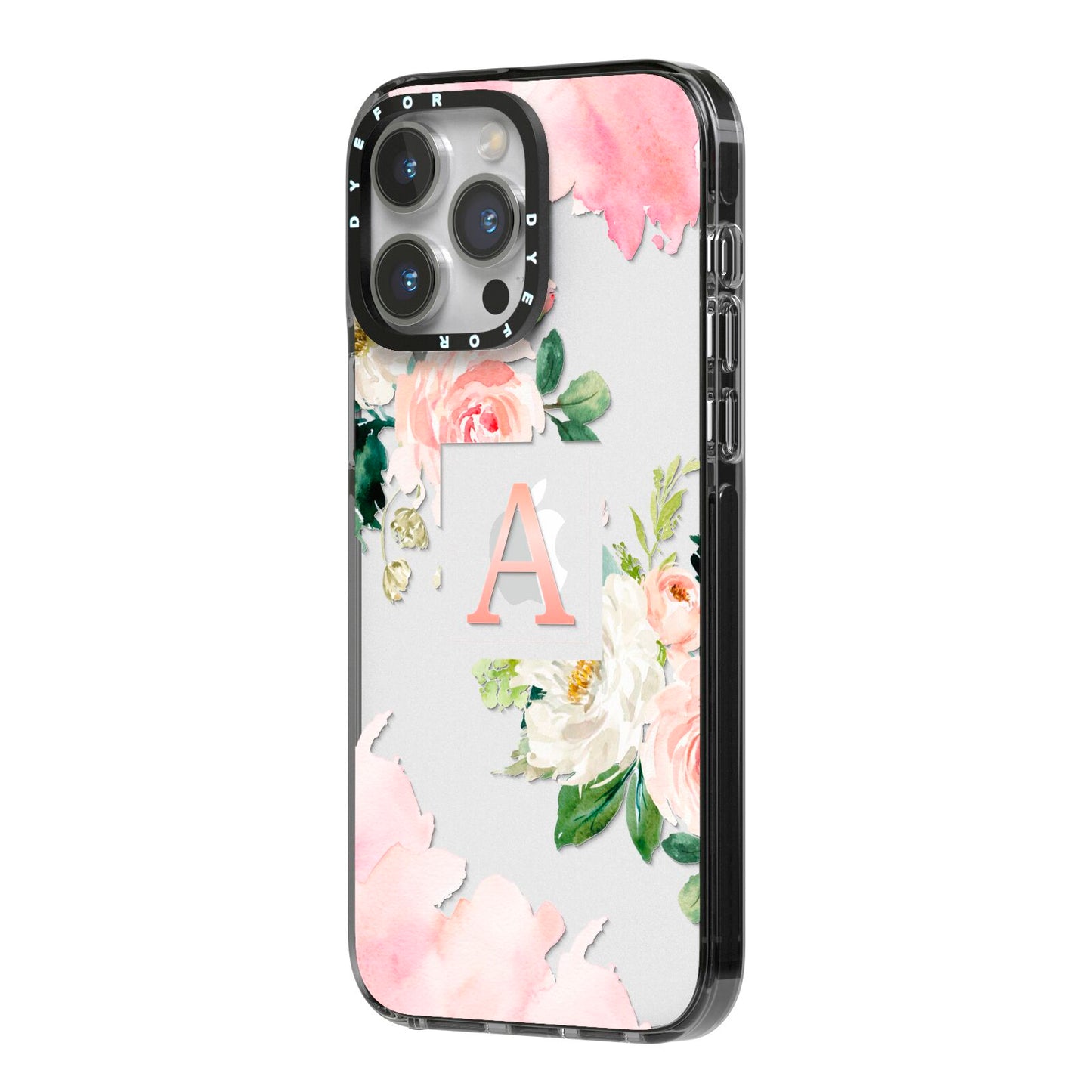 Pink Monogram Floral Roses Personalised iPhone 14 Pro Max Black Impact Case Side Angle on Silver phone