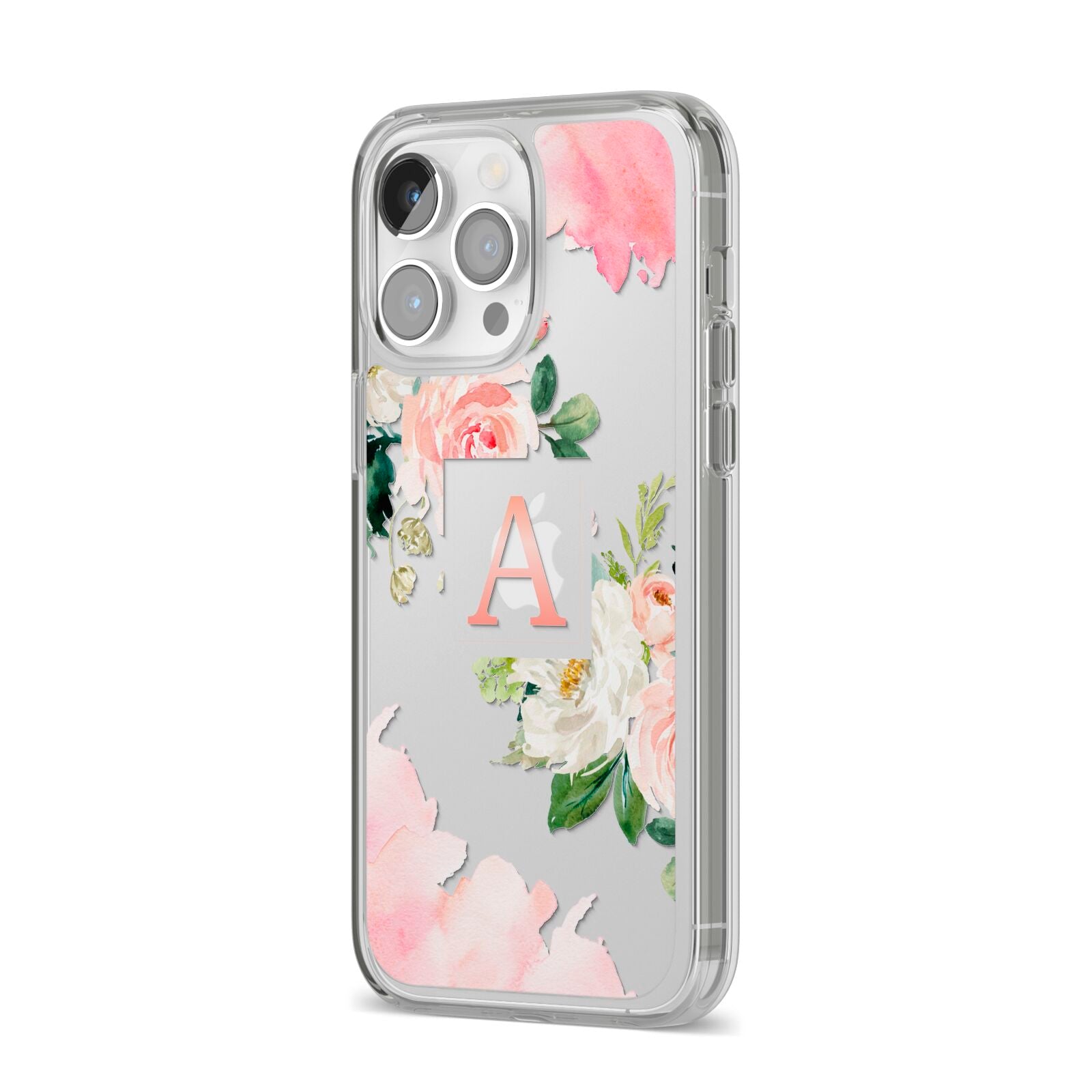 Pink Monogram Floral Roses Personalised iPhone 14 Pro Max Clear Tough Case Silver Angled Image