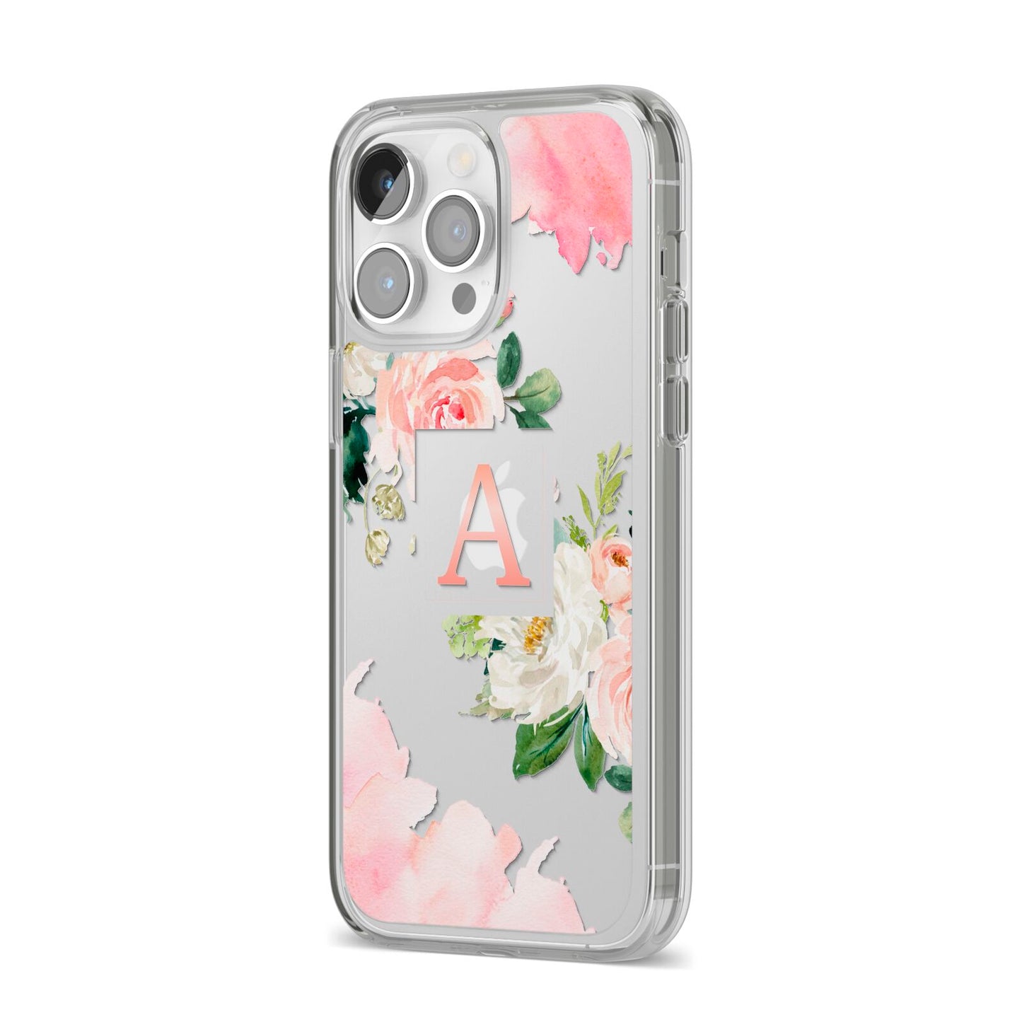 Pink Monogram Floral Roses Personalised iPhone 14 Pro Max Clear Tough Case Silver Angled Image