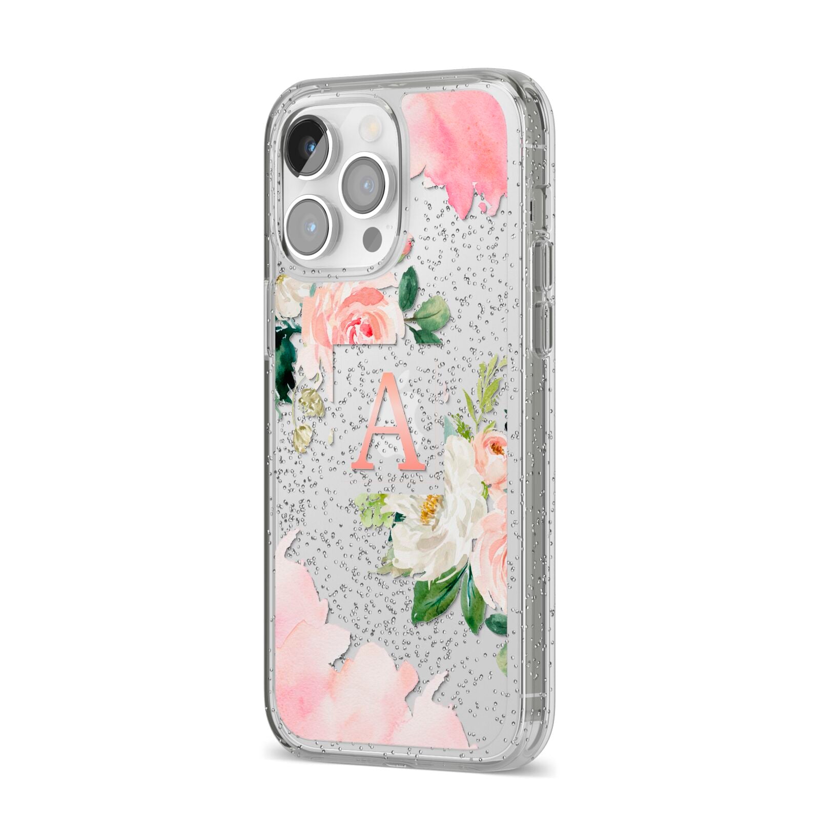 Pink Monogram Floral Roses Personalised iPhone 14 Pro Max Glitter Tough Case Silver Angled Image
