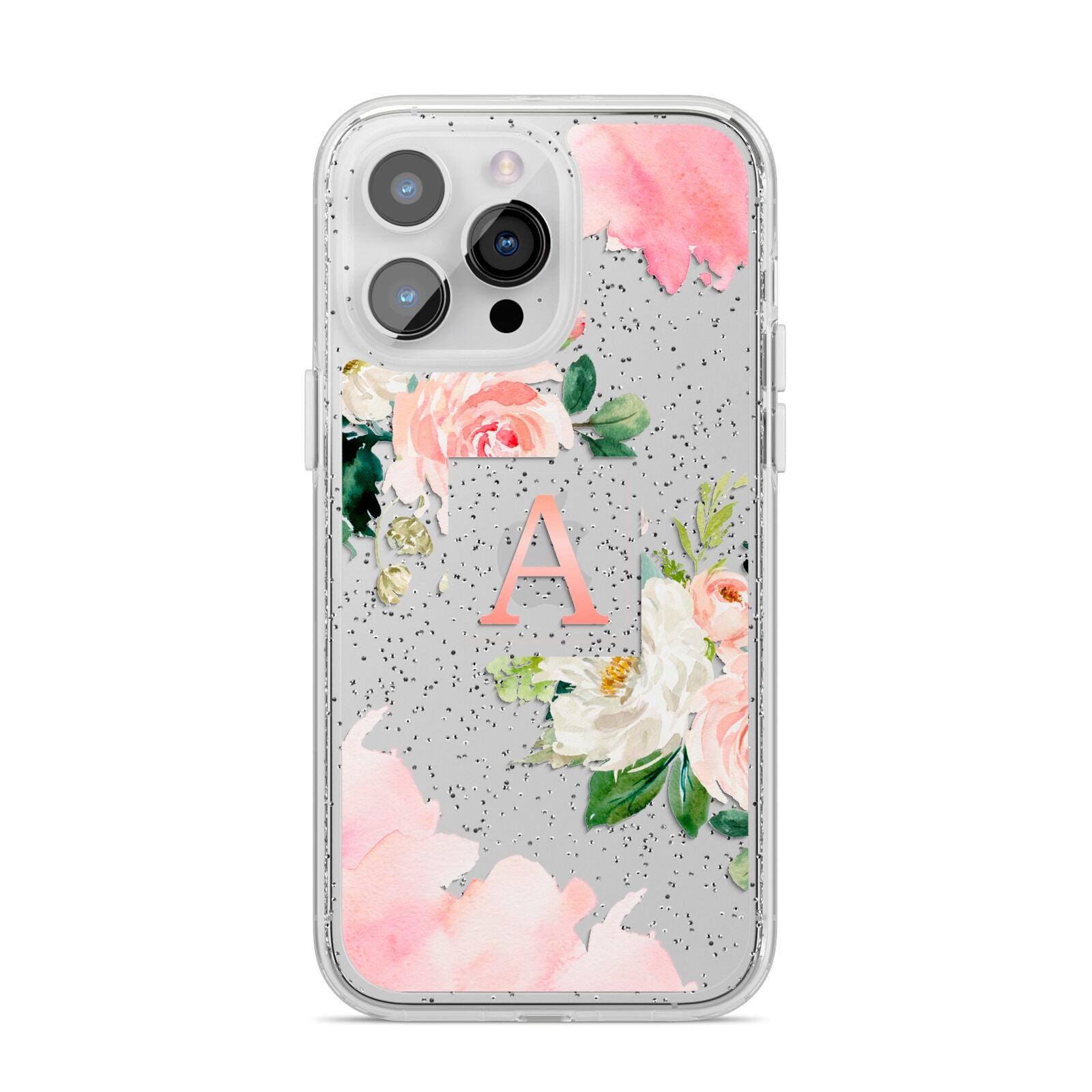 Pink Monogram Floral Roses Personalised iPhone 14 Pro Max Glitter Tough Case Silver