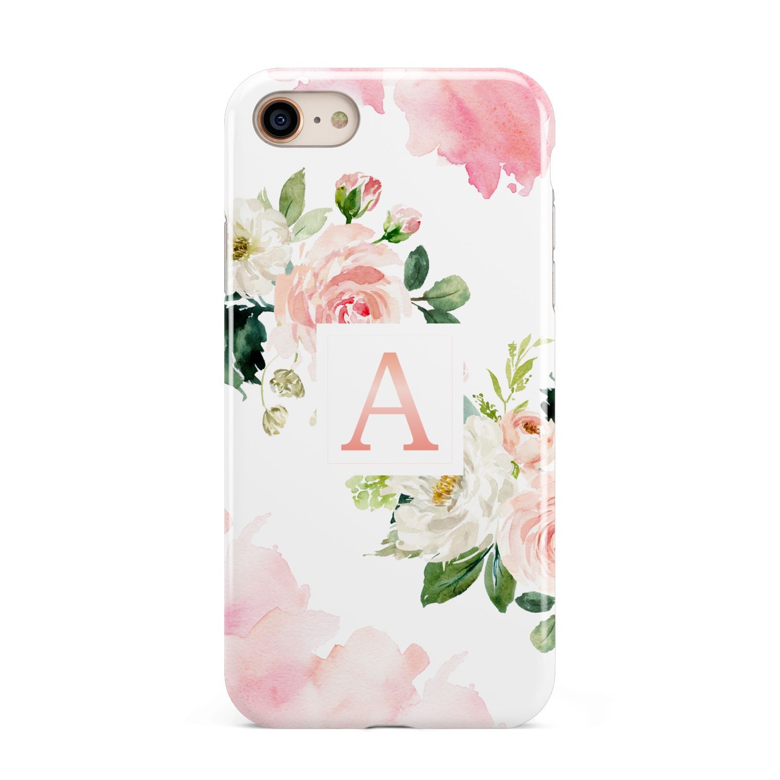 Pink Monogram Floral Roses Personalised iPhone 8 3D Tough Case on Gold Phone