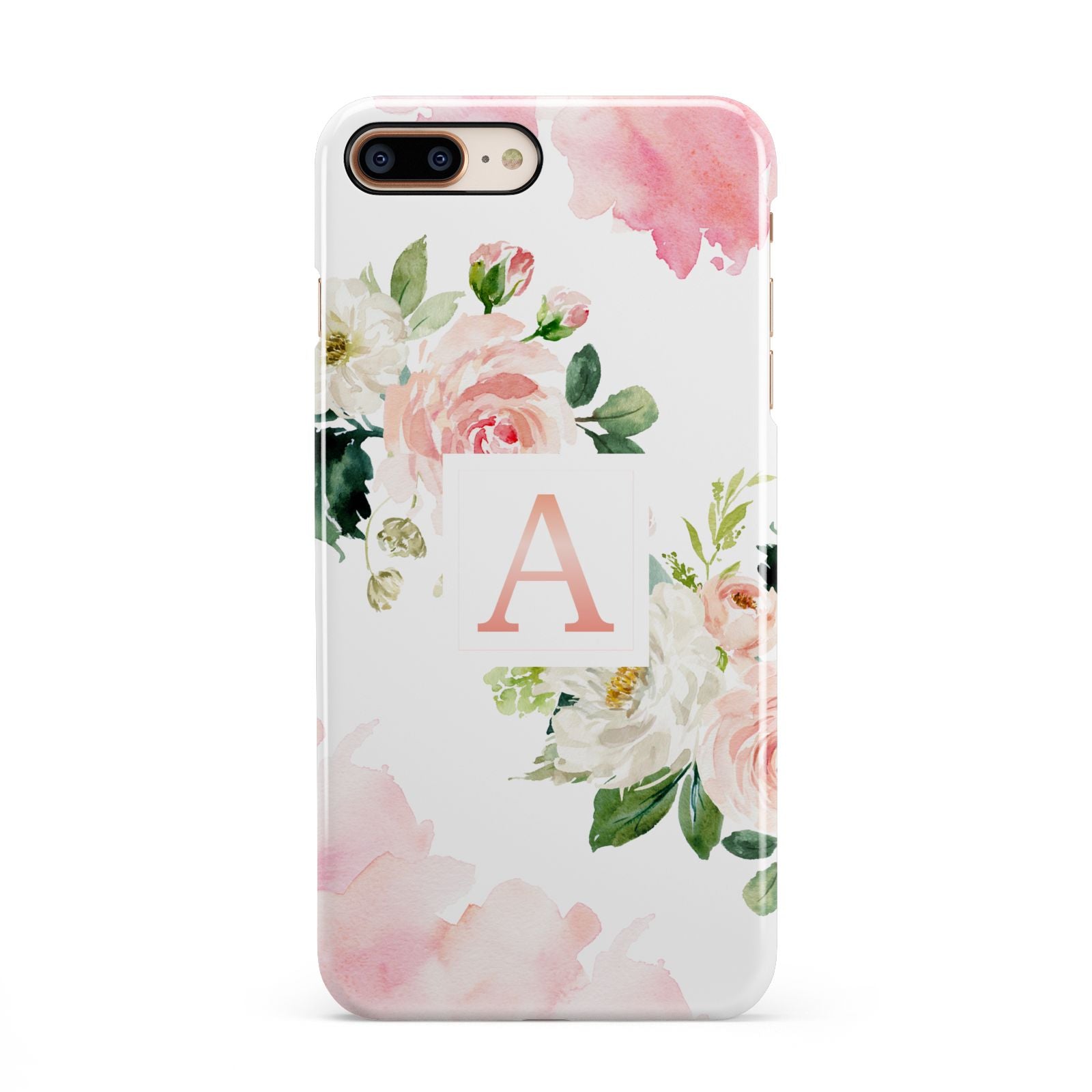 Pink Monogram Floral Roses Personalised iPhone 8 Plus 3D Snap Case on Gold Phone