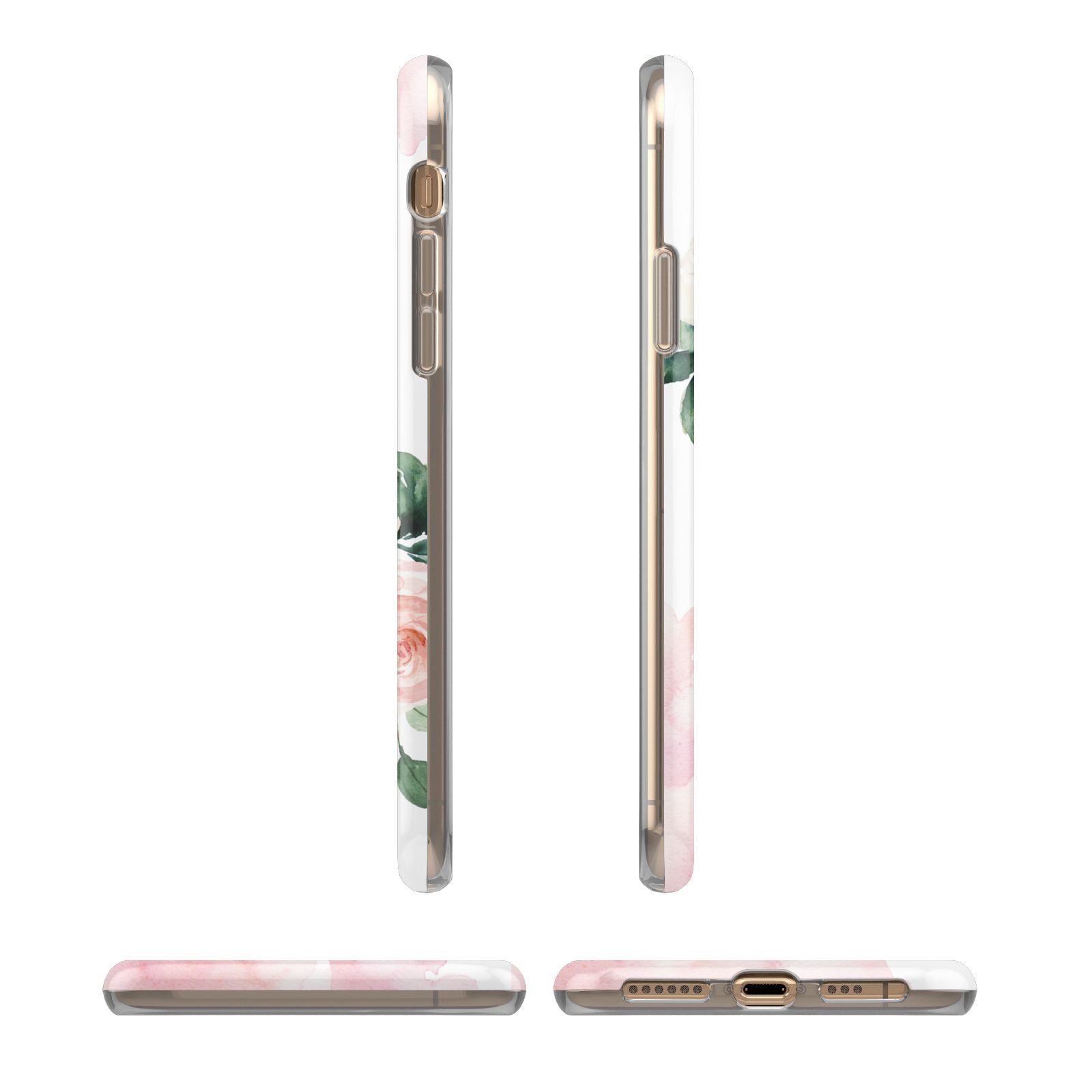 Pink Monogram Floral Roses Personalised iPhone XS 3D Tough Case in Gold Angled Images