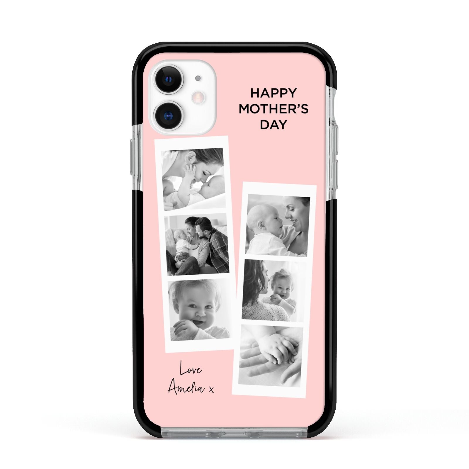 Pink Mothers Day Photo Strips Apple iPhone 11 in White with Black Impact Case