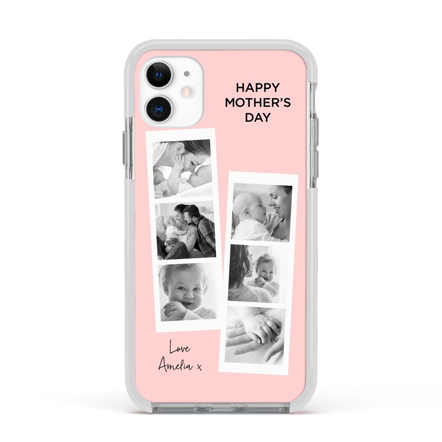 Pink Mothers Day Photo Strips Apple iPhone 11 in White with White Impact Case