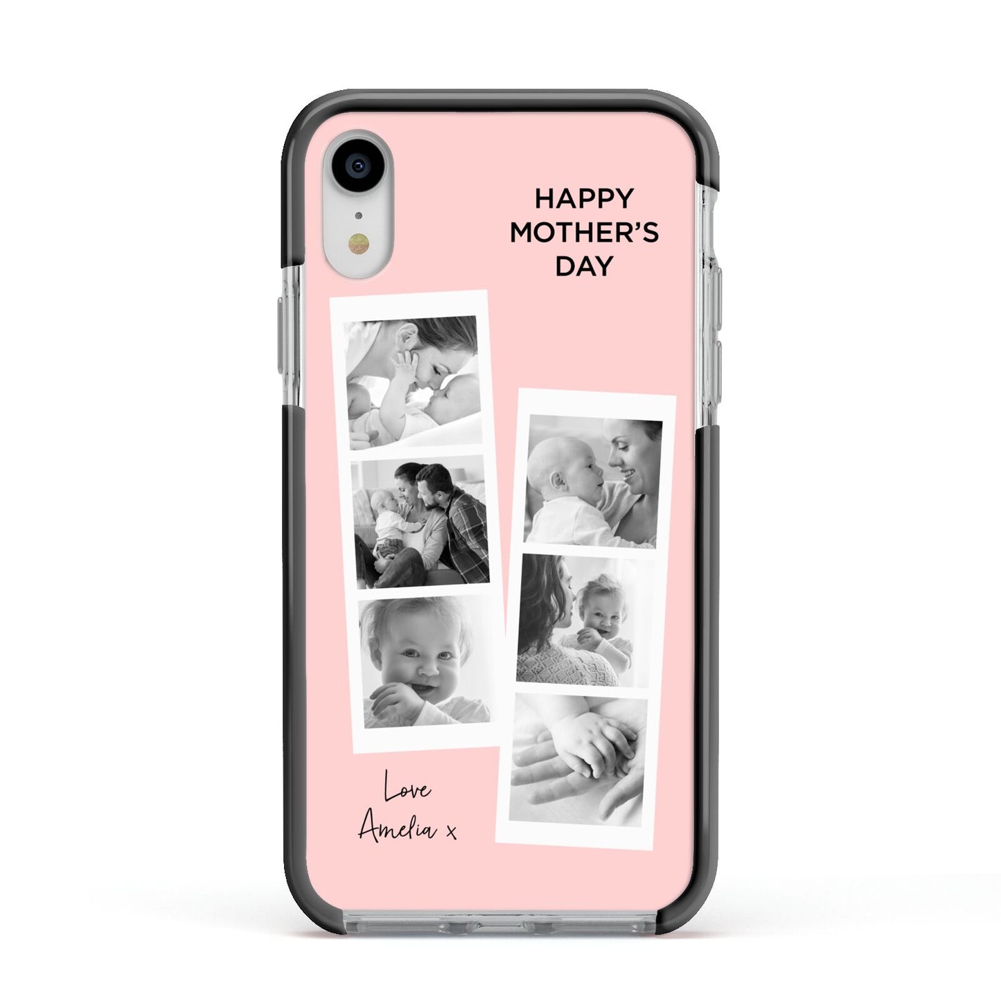 Pink Mothers Day Photo Strips Apple iPhone XR Impact Case Black Edge on Silver Phone