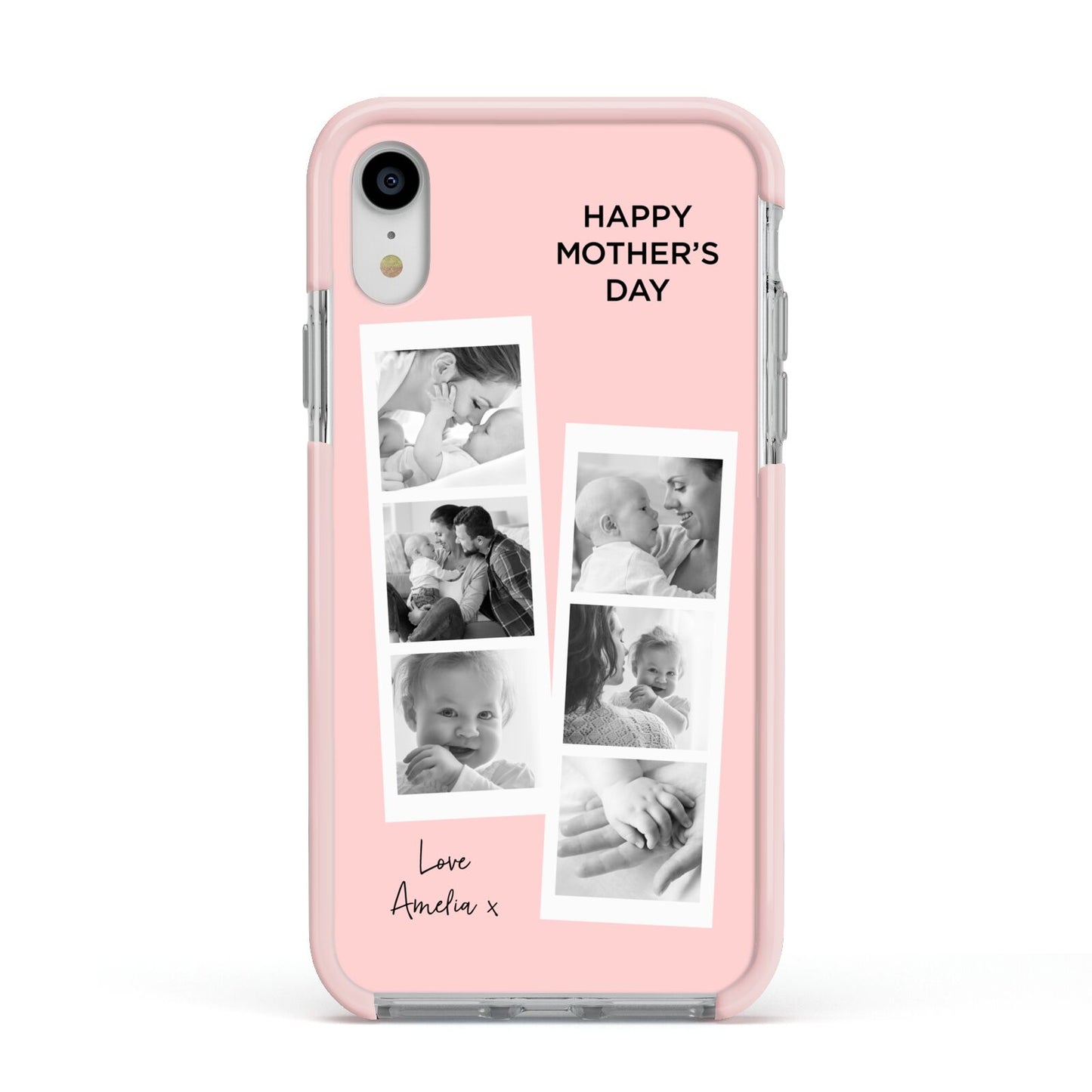 Pink Mothers Day Photo Strips Apple iPhone XR Impact Case Pink Edge on Silver Phone