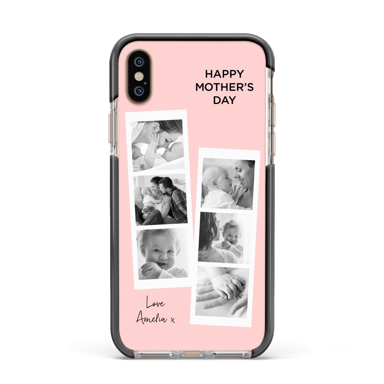 Pink Mothers Day Photo Strips Apple iPhone Xs Impact Case Black Edge on Gold Phone